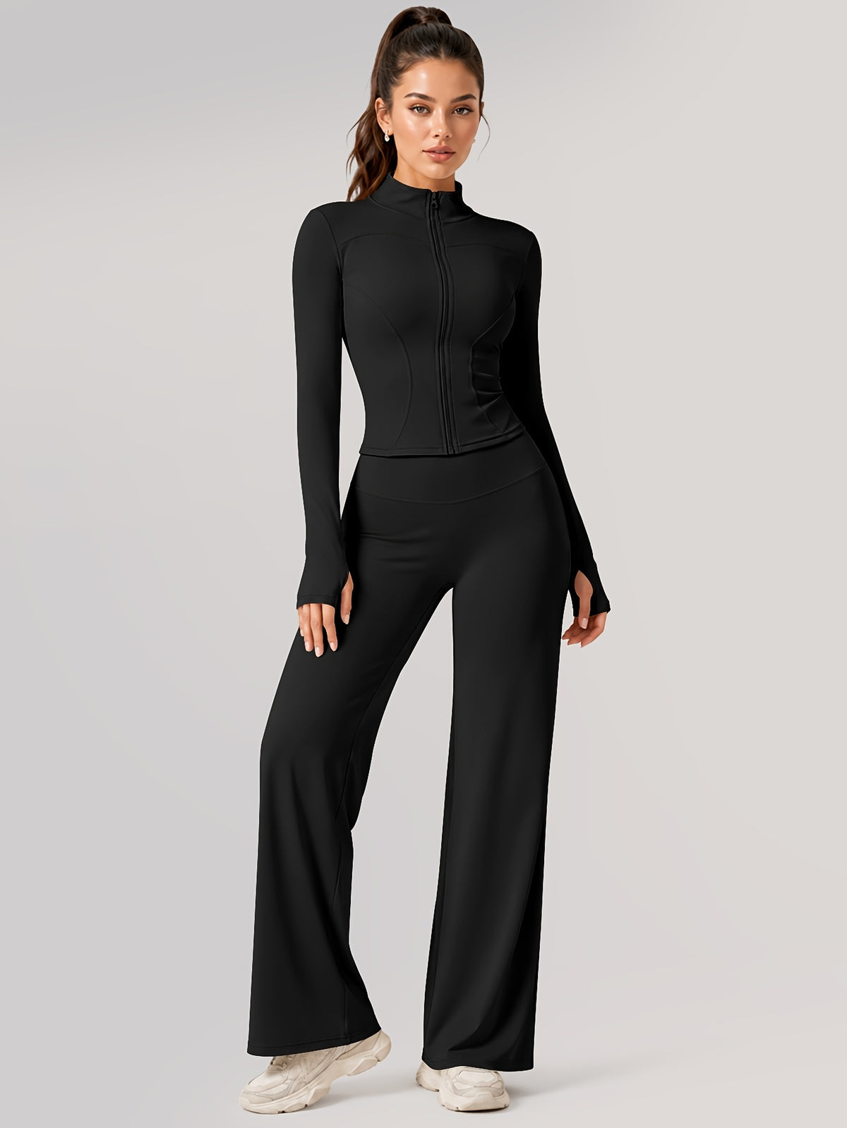 Zip Jacket & Wide Leg Pants Set - Black