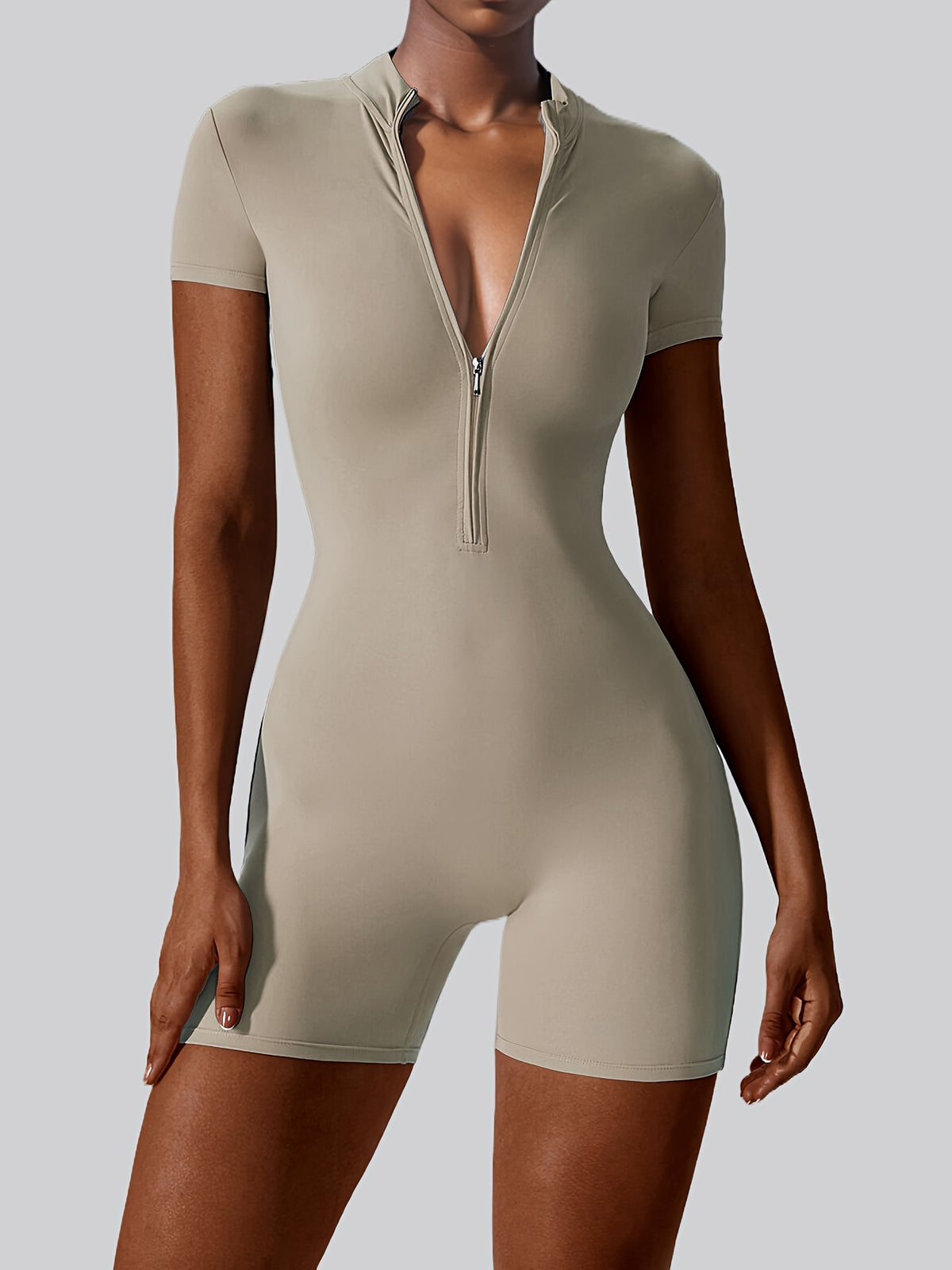 Short Sleeve Zip Front Shorts Bodysuit - Light Grey