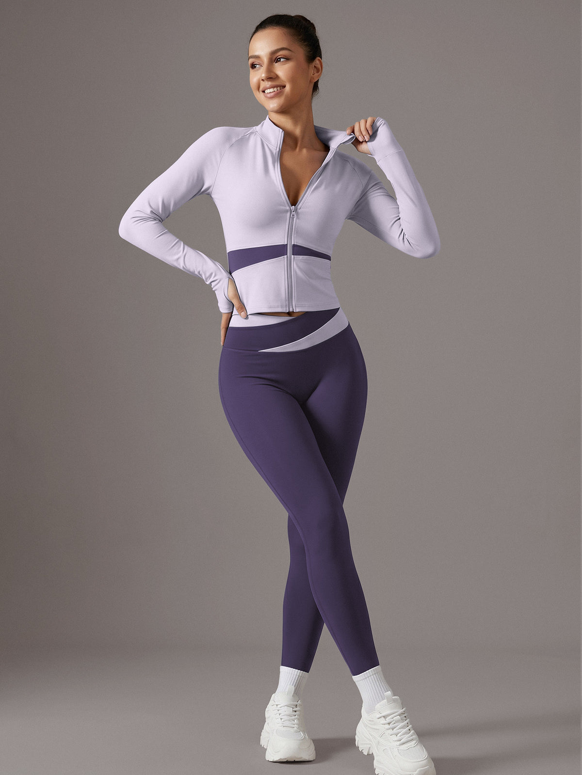 Color Block Cardigan Jacket & Slim Pants Set - Light Purple & Purple