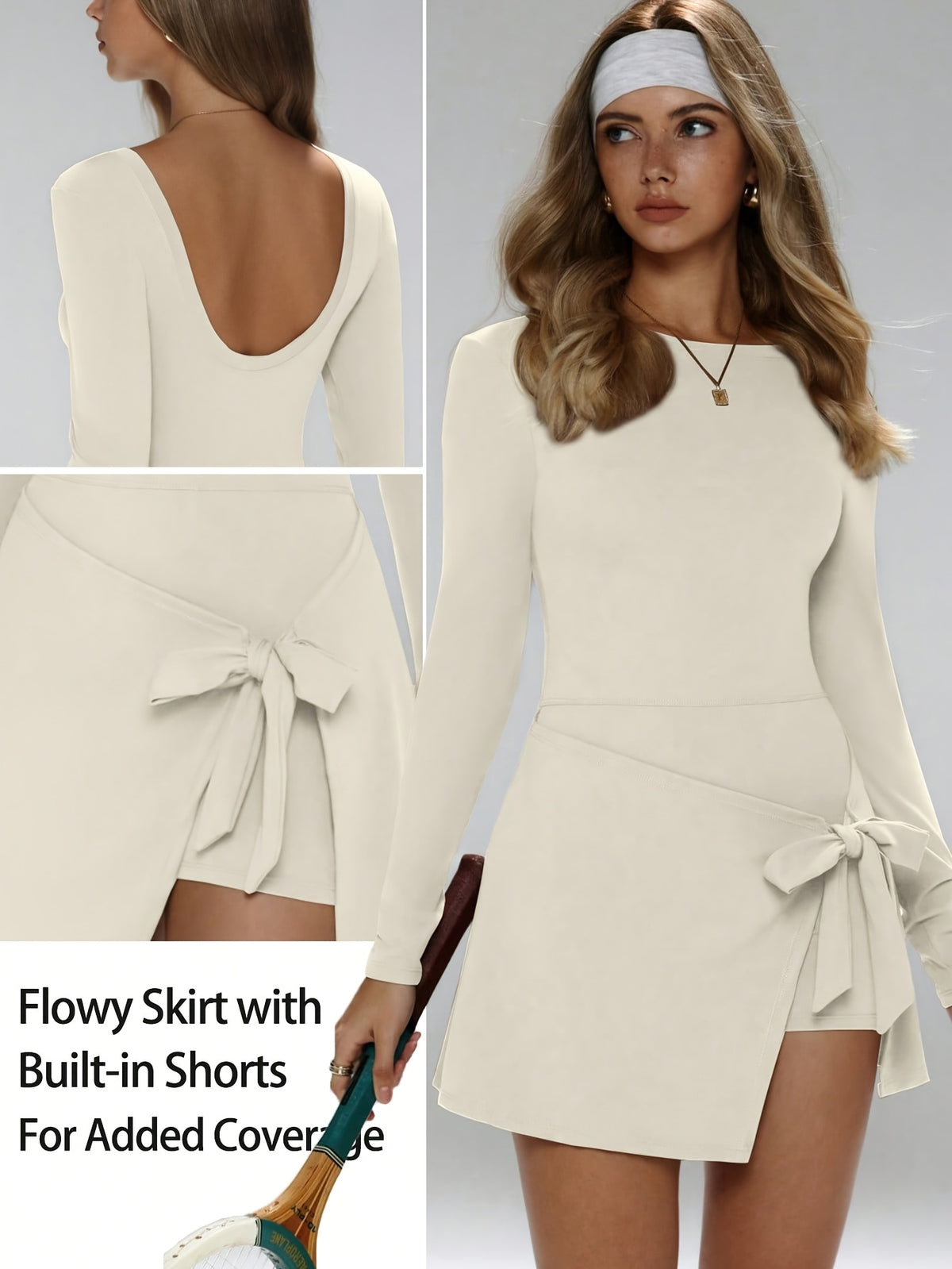 Tie-Front Asymmetric Hem Long Sleeve Dress - Apricot