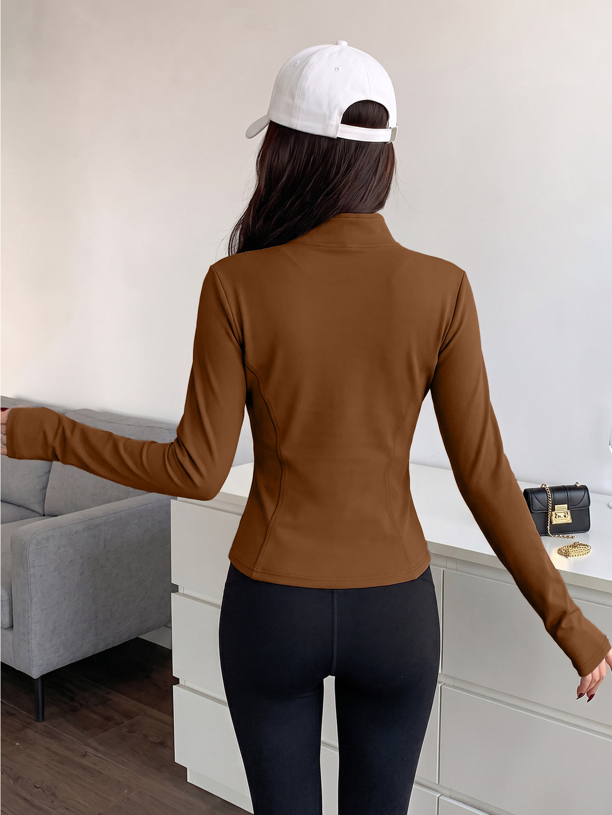 Warm Lined Stand Collar Zip Jacket - Light Brown