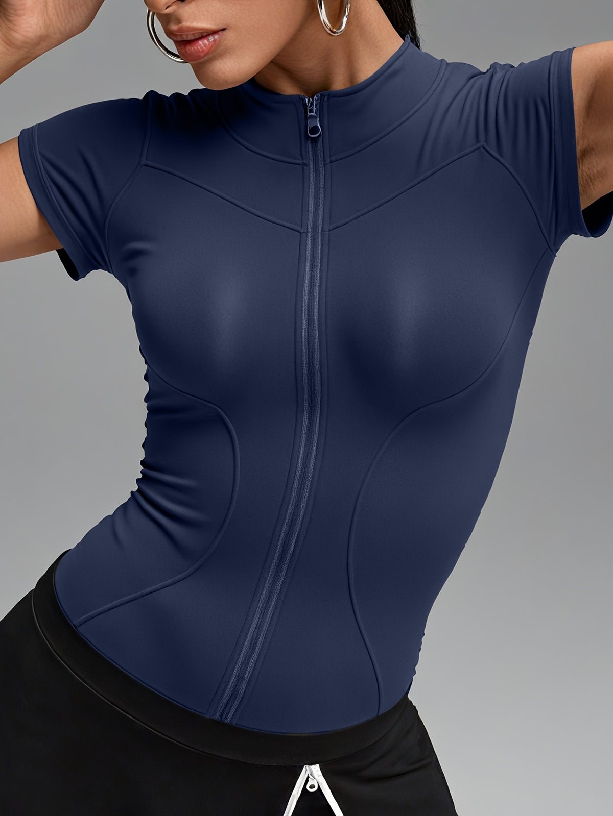 Short Sleeve Cropped Zip Jacket - Navy