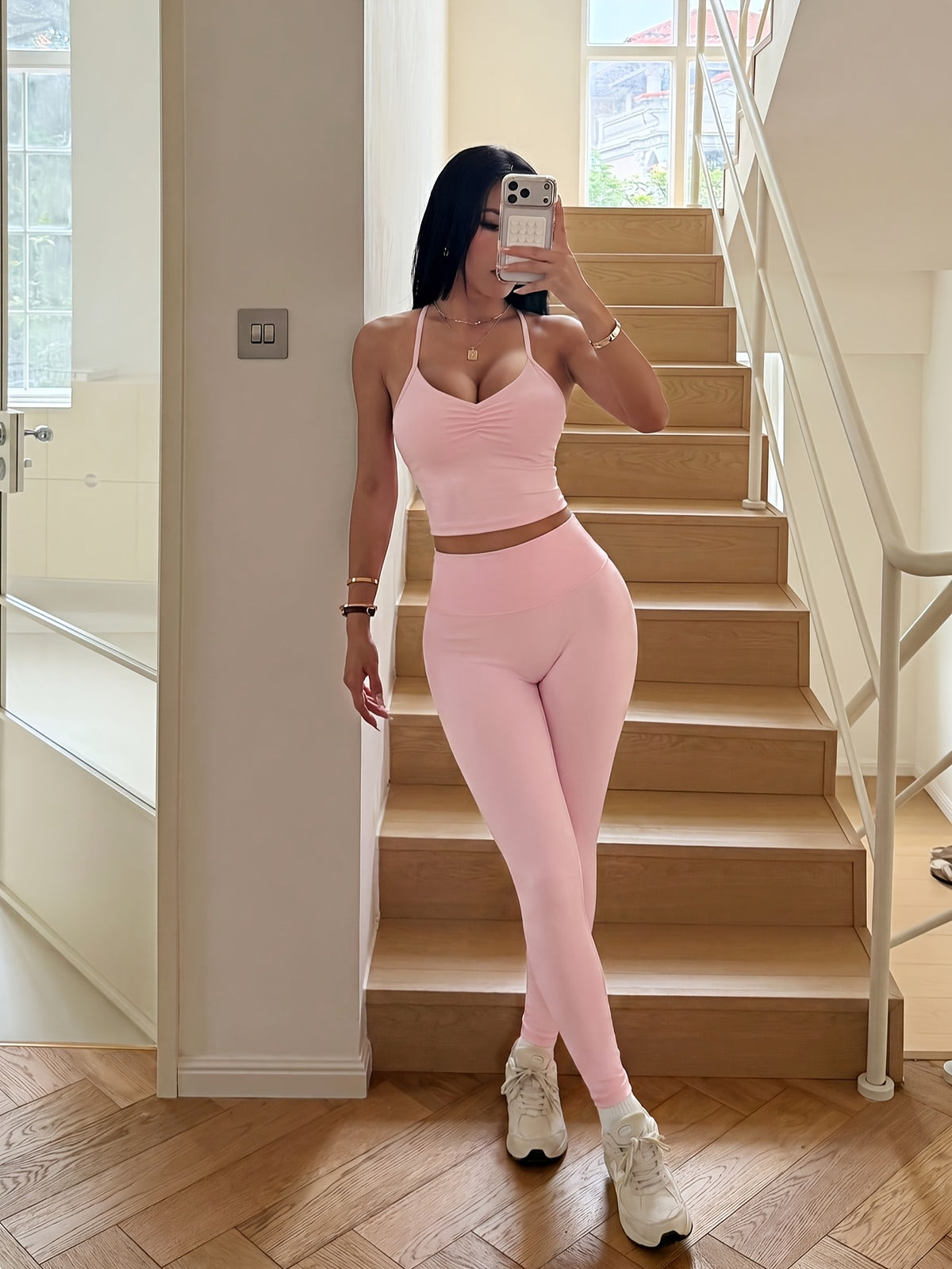 Ruched Halter Bra & Leggings Set - Pink