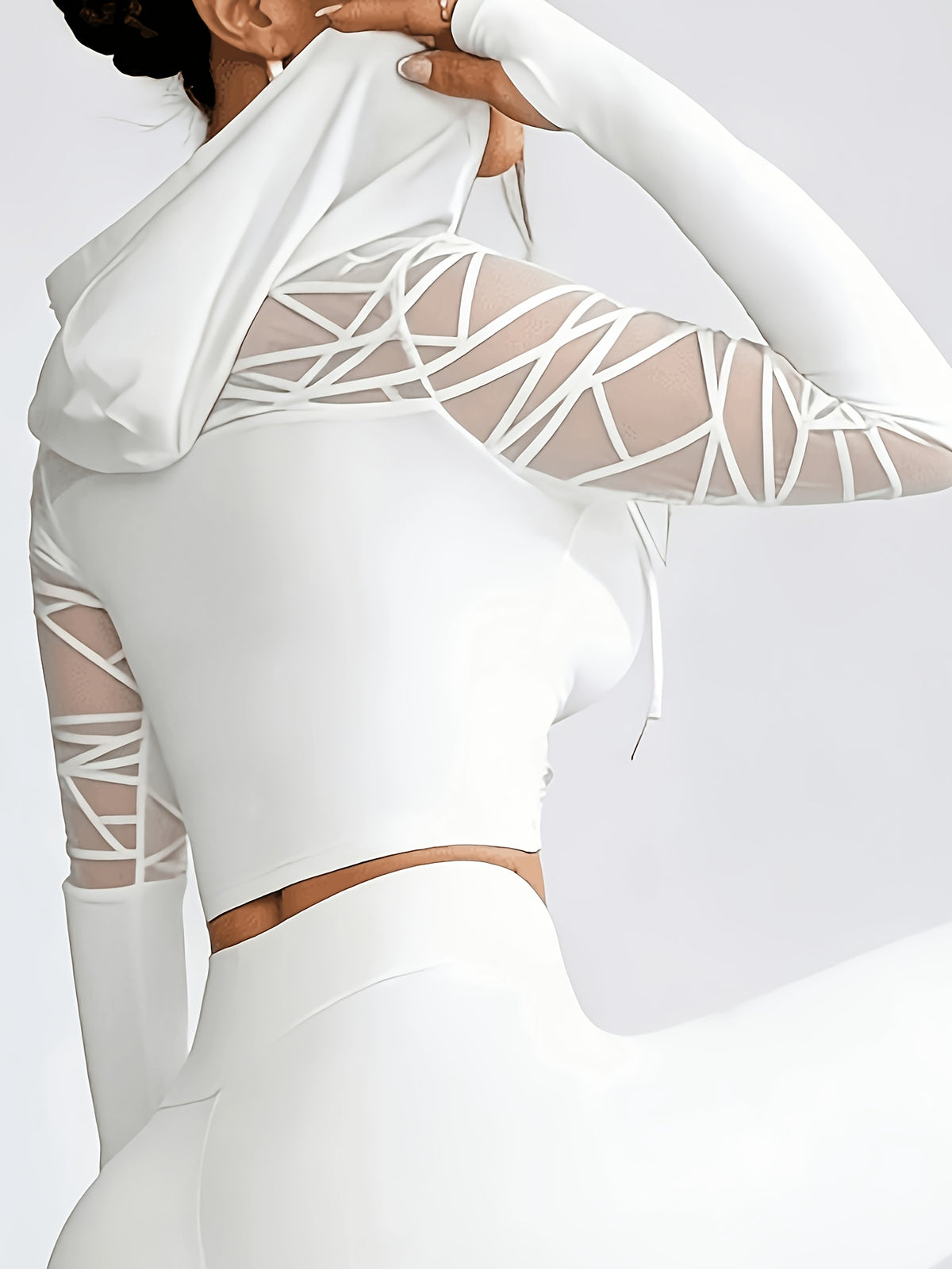 Mesh Panel Cropped Hoodie - White