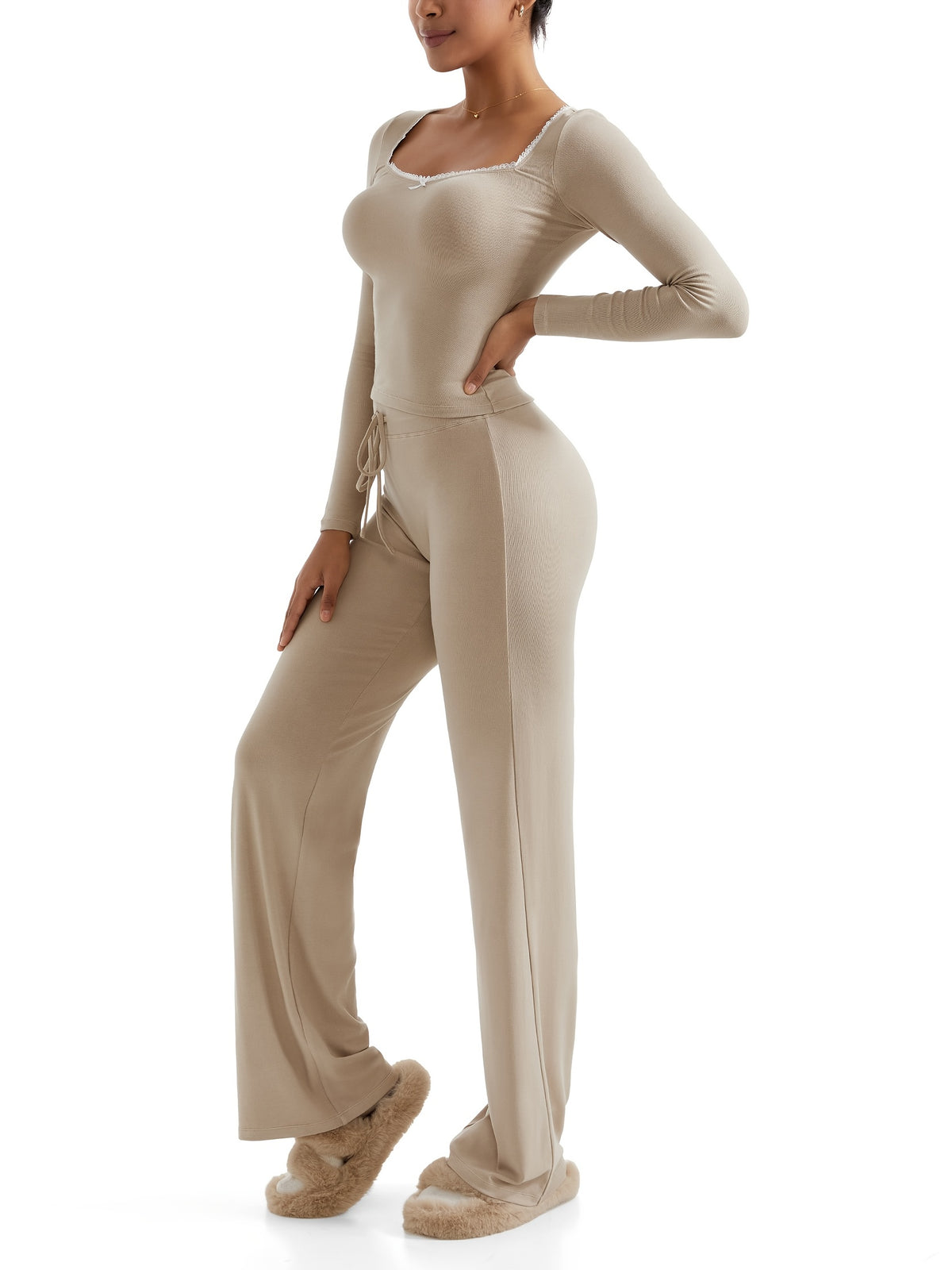 Long Sleeve High Waist Straight Pants Set - Khaki