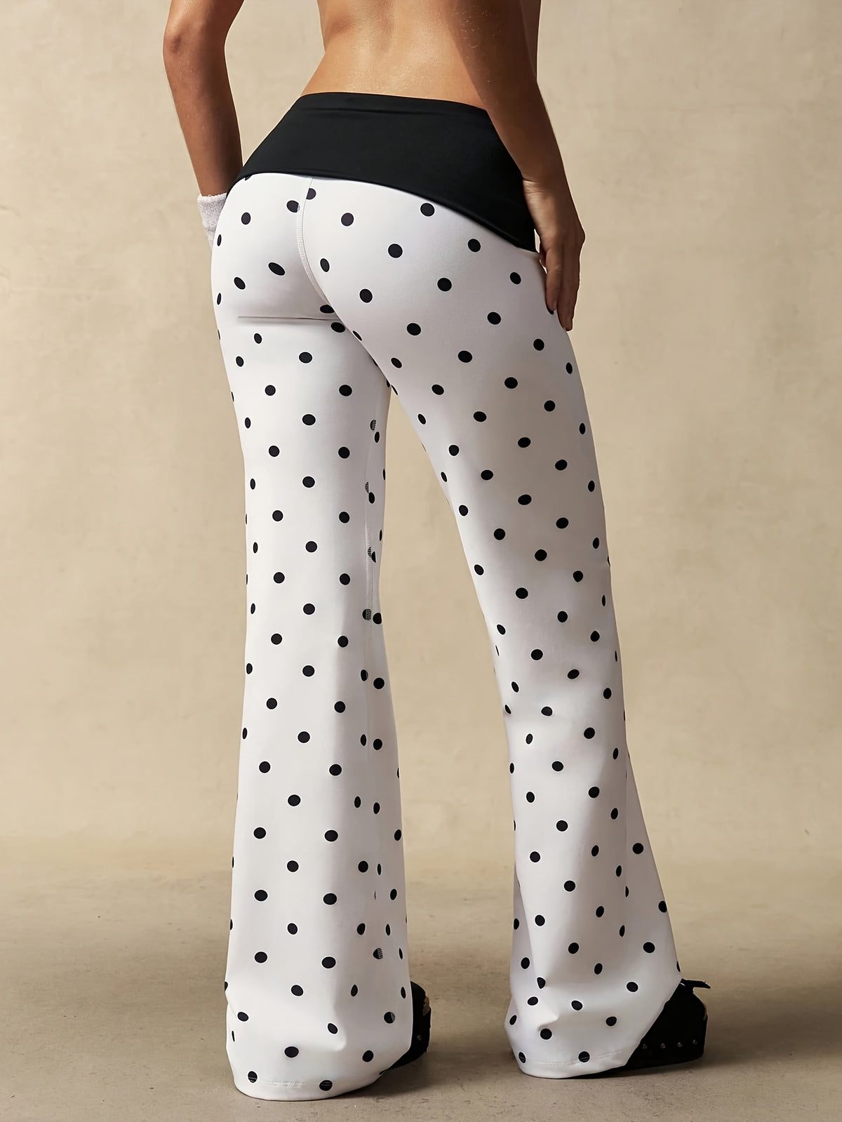 Polka Dot Fold Waist Flare Pants - White