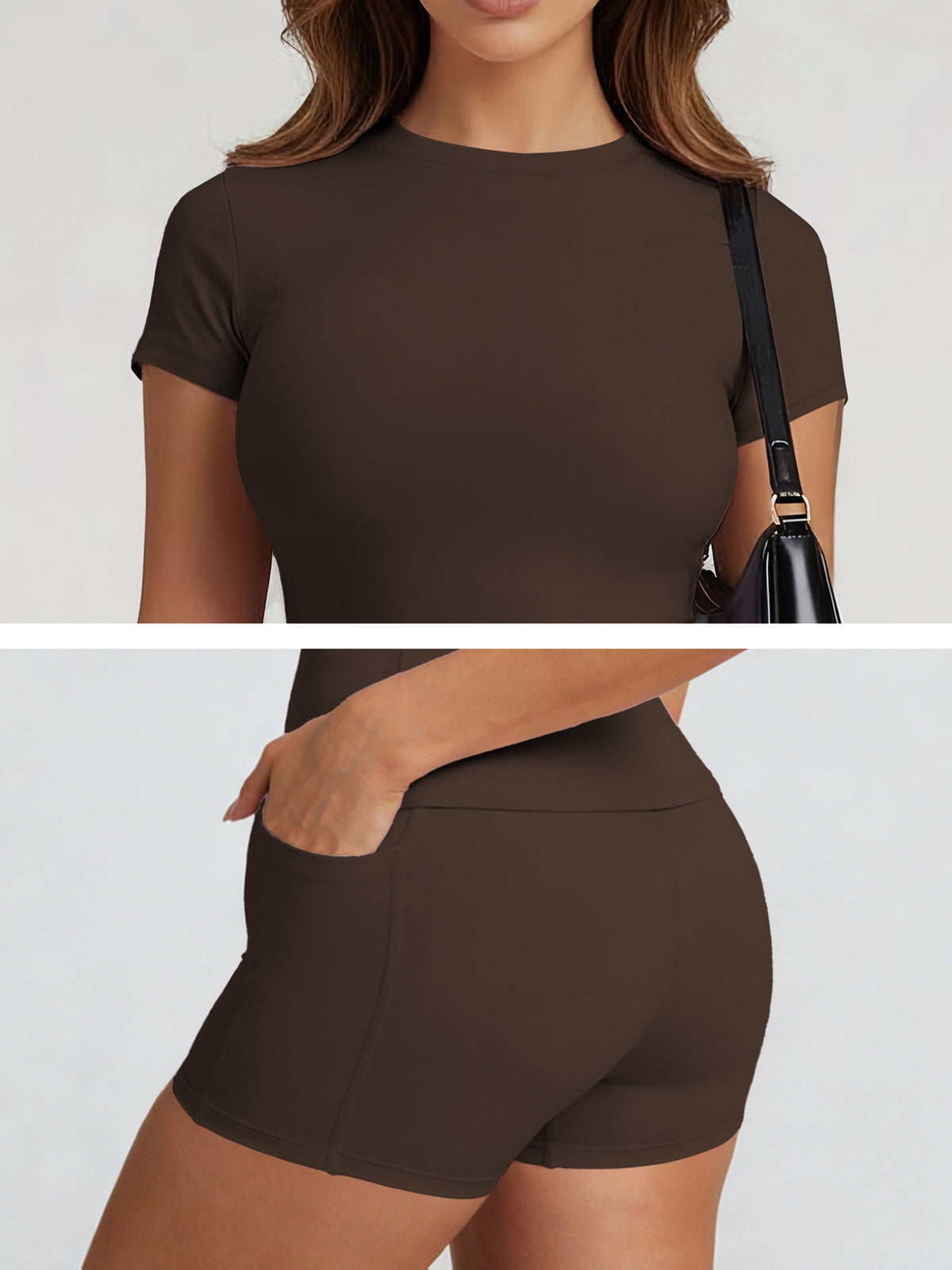Tummy Control Top & Pocket Shorts Set - Brown