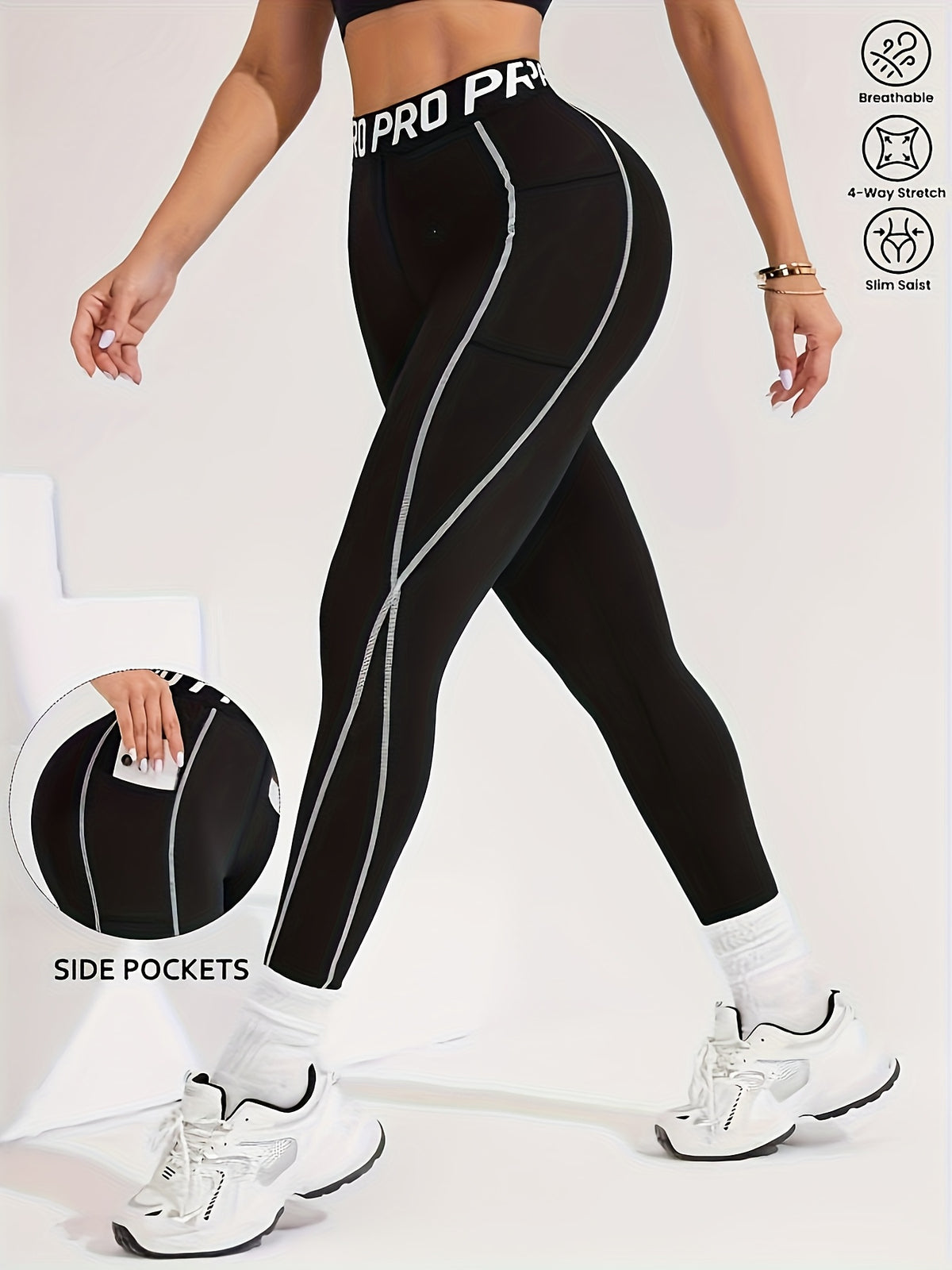 Letter Waistband Double Pocket Leggings - Black