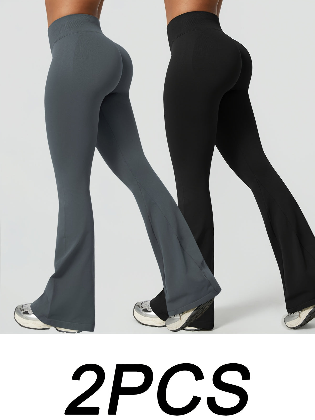 2 Pack High Waist Flare Leggings - Dark Grey & Black