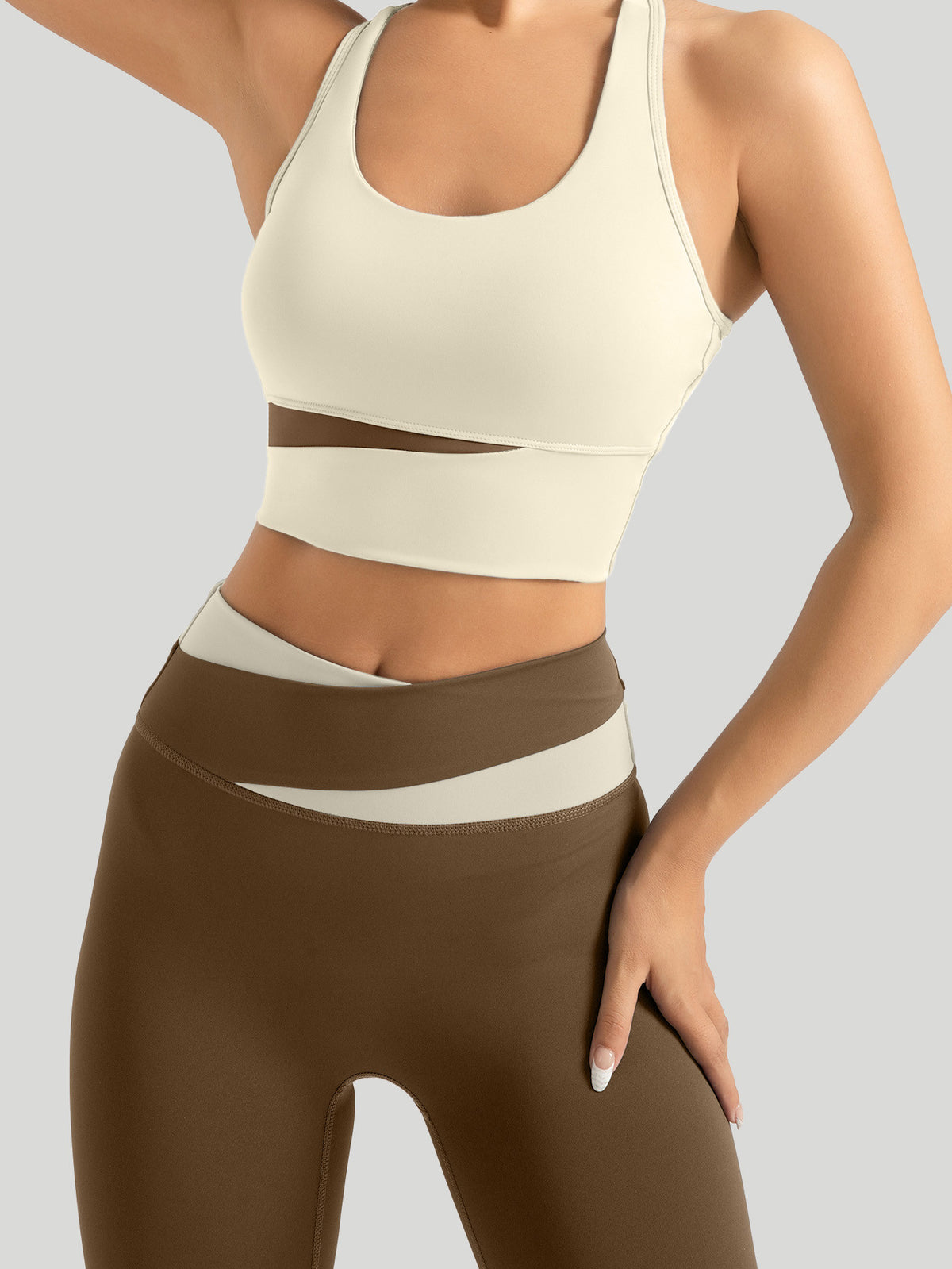 Letter Back Bra & Crossover Waist Leggings Set - Ivory White & Cocoa