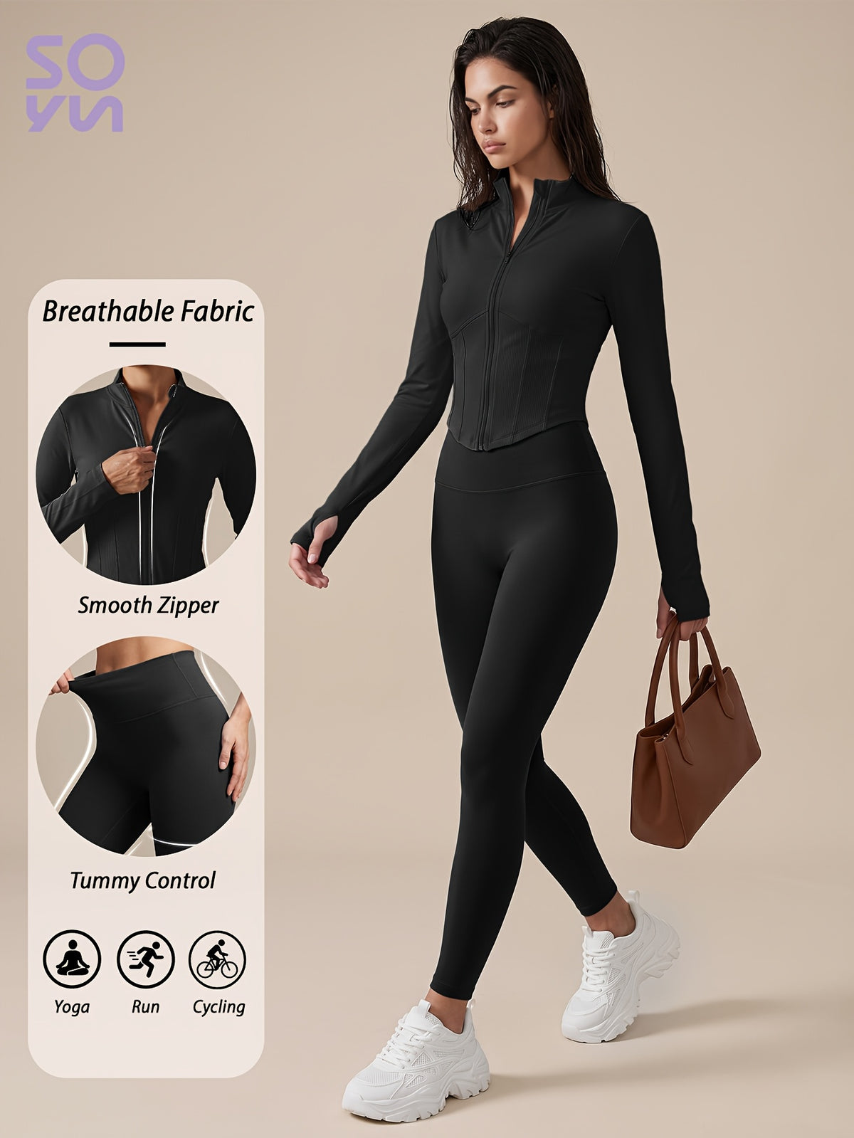 Nylon Zip Jacket & Lifting Leggings Set - Black