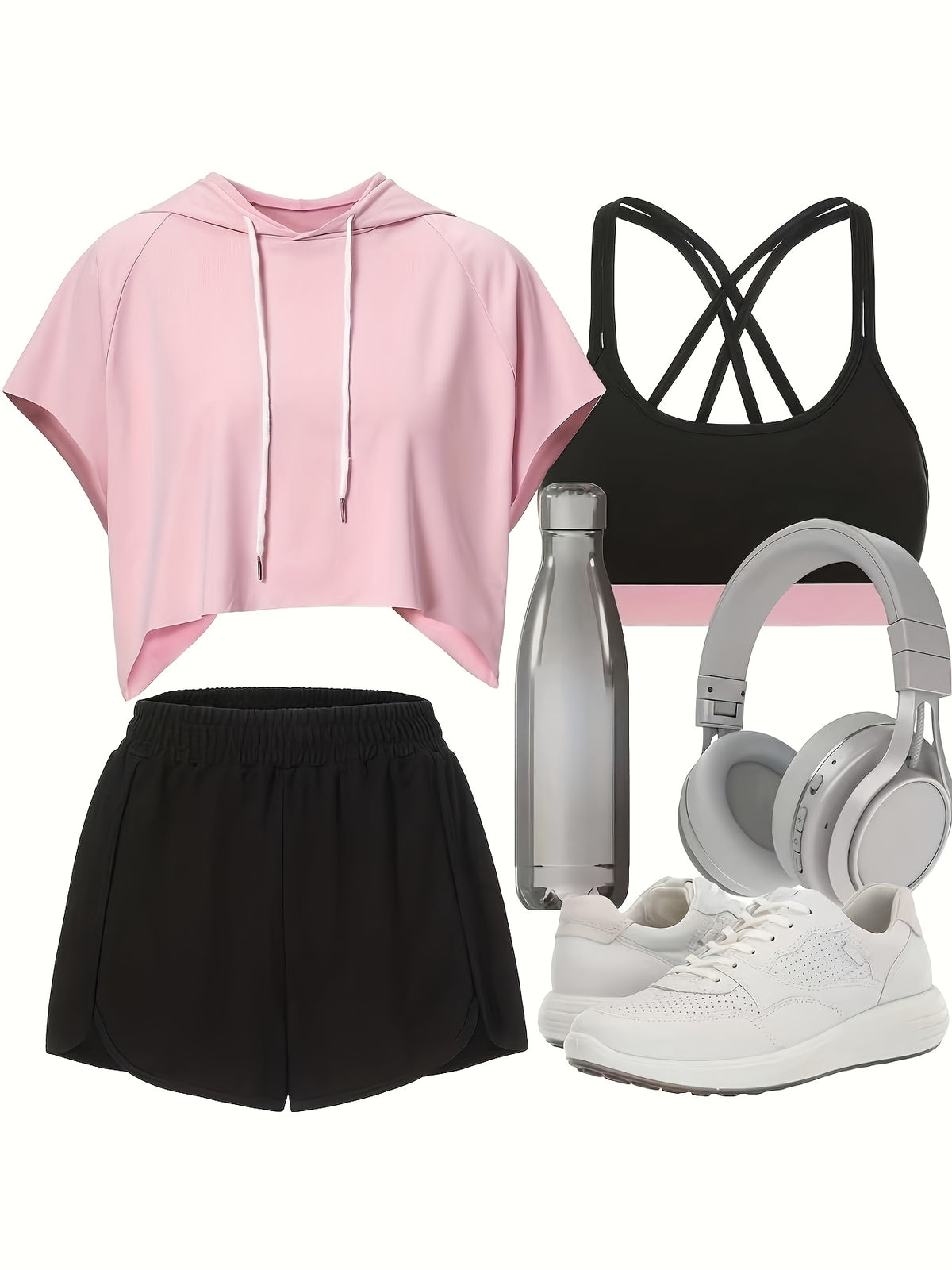 Batwing Hoodie & Cross Back Bra 3 Piece Set - Black Pink