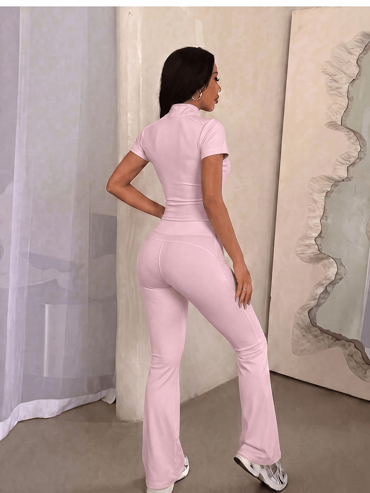 Short Sleeve Zip Top & Flare Pants Set - Pink Red