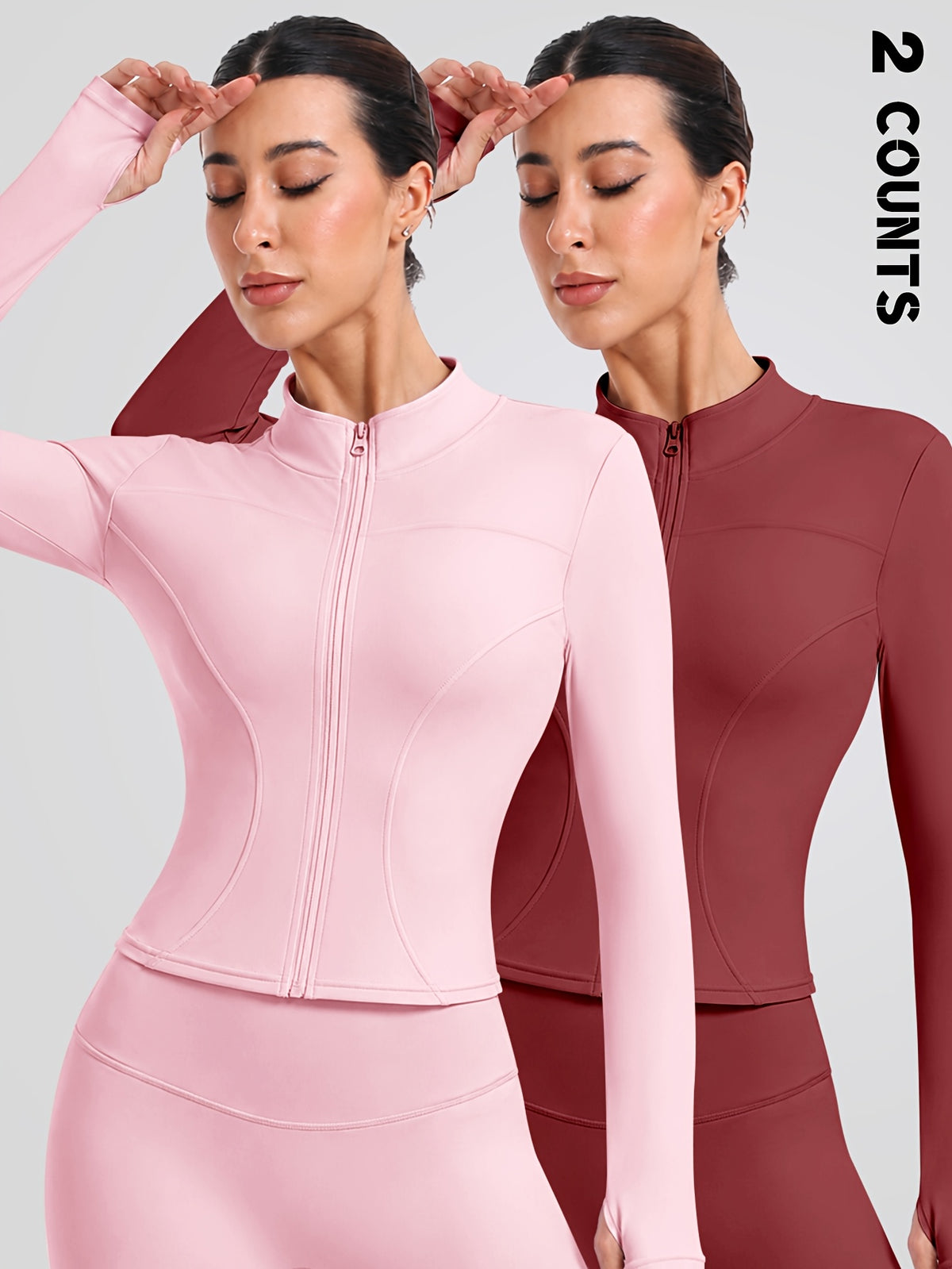 2 Pack Thumbhole Zip Jackets - Pink & Burgundy