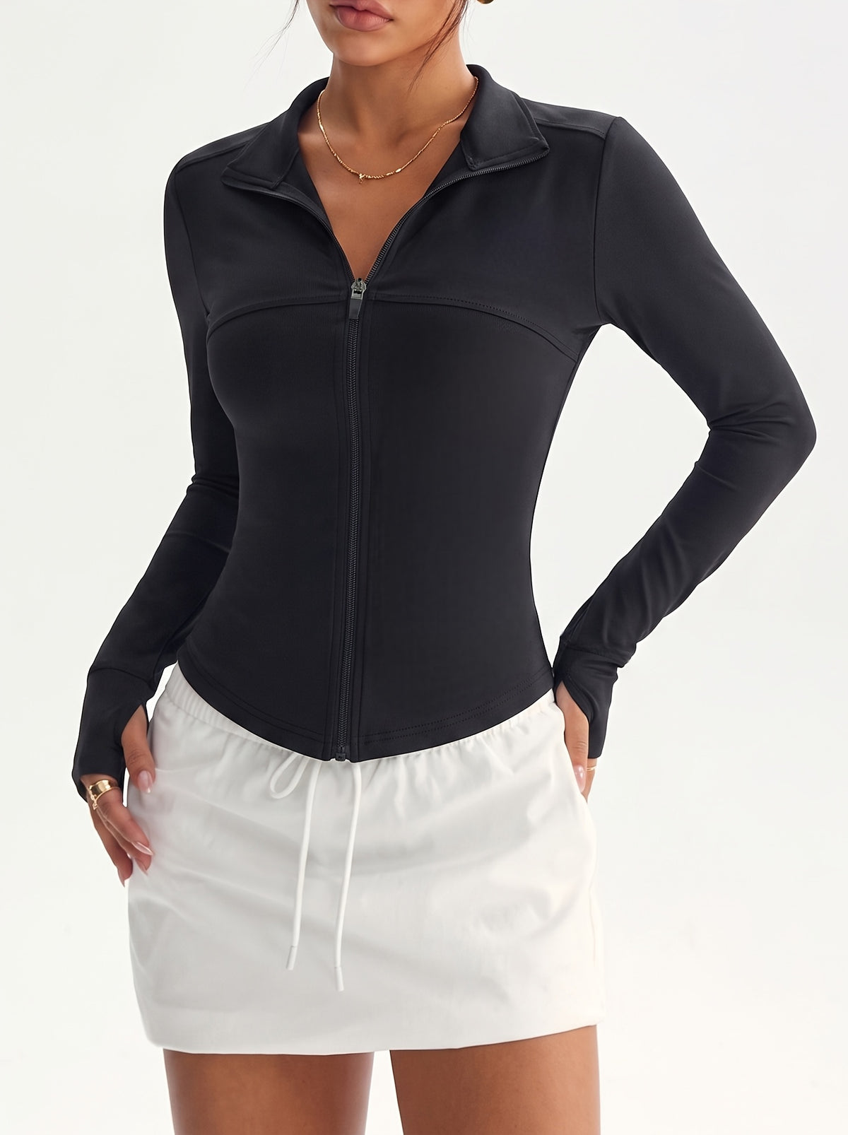 Fleece Lined Thumbhole Zip Jacket - Black