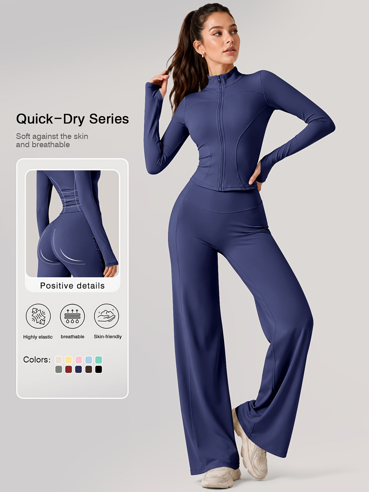 Zip Jacket & Wide Leg Pants Set - Navy