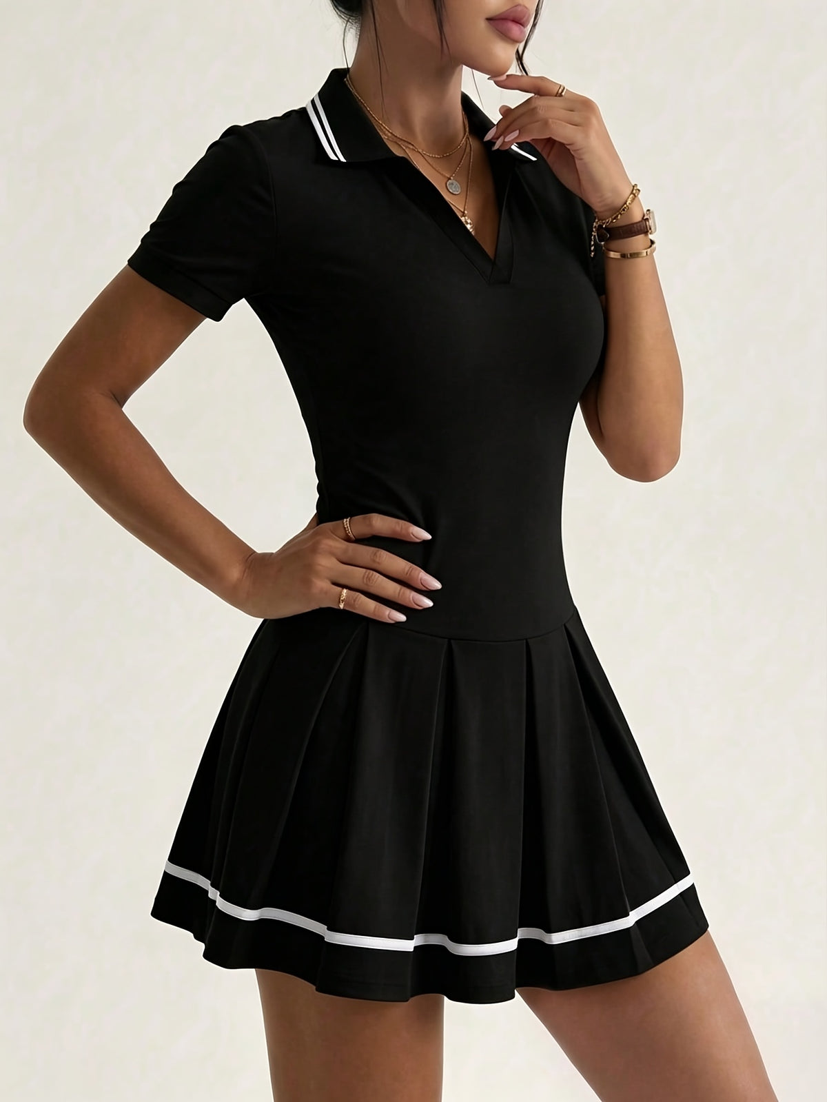 Polo Collar Pleated Tennis Dress - Black