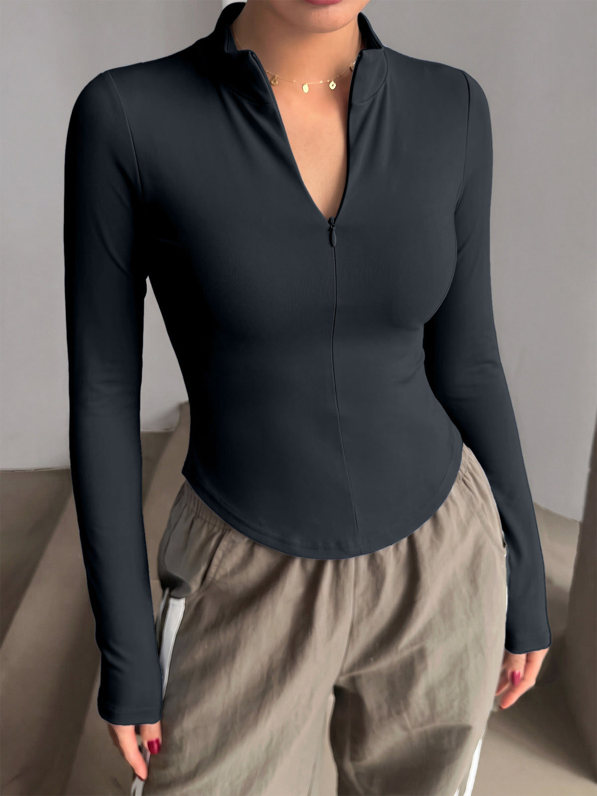 Half Zip Curved Hem Thumbhole Top - Dark Gray