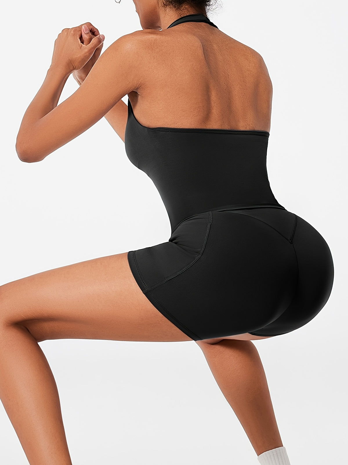 V-Neck Backless Vest & Pocket Shorts Set - Black