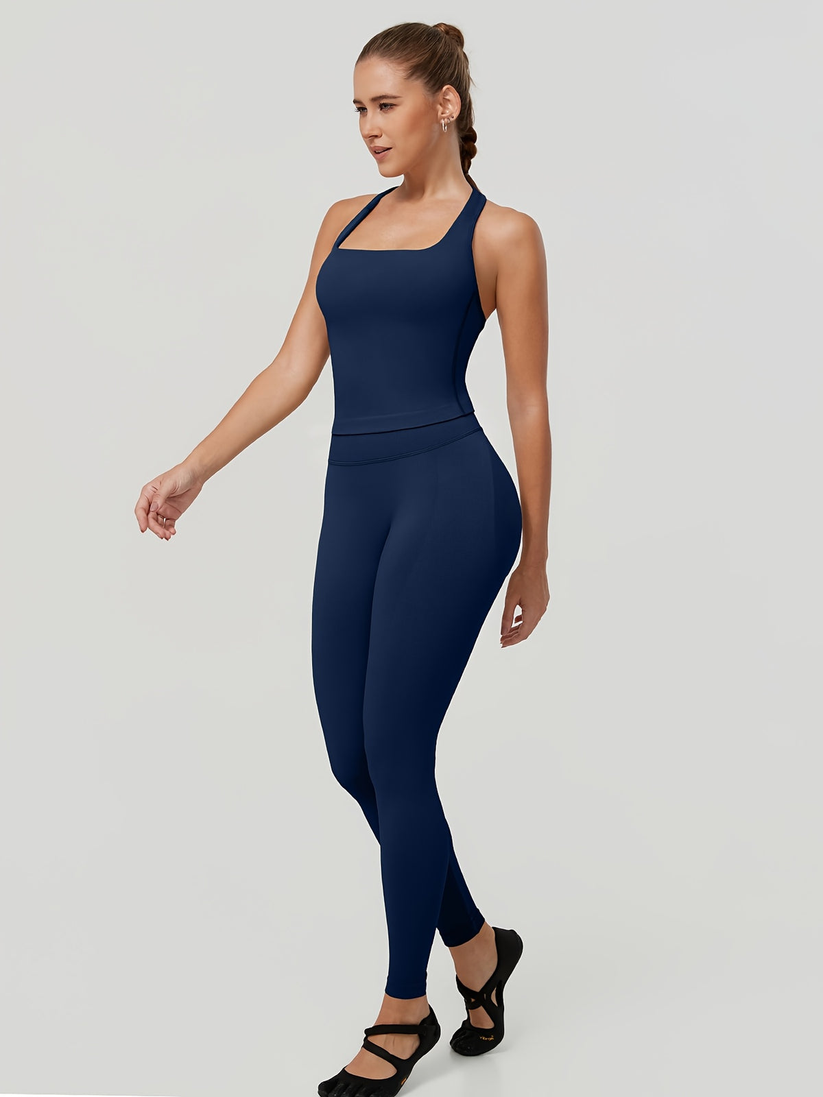 Square Neck Halter Tank & Leggings Set - Navy