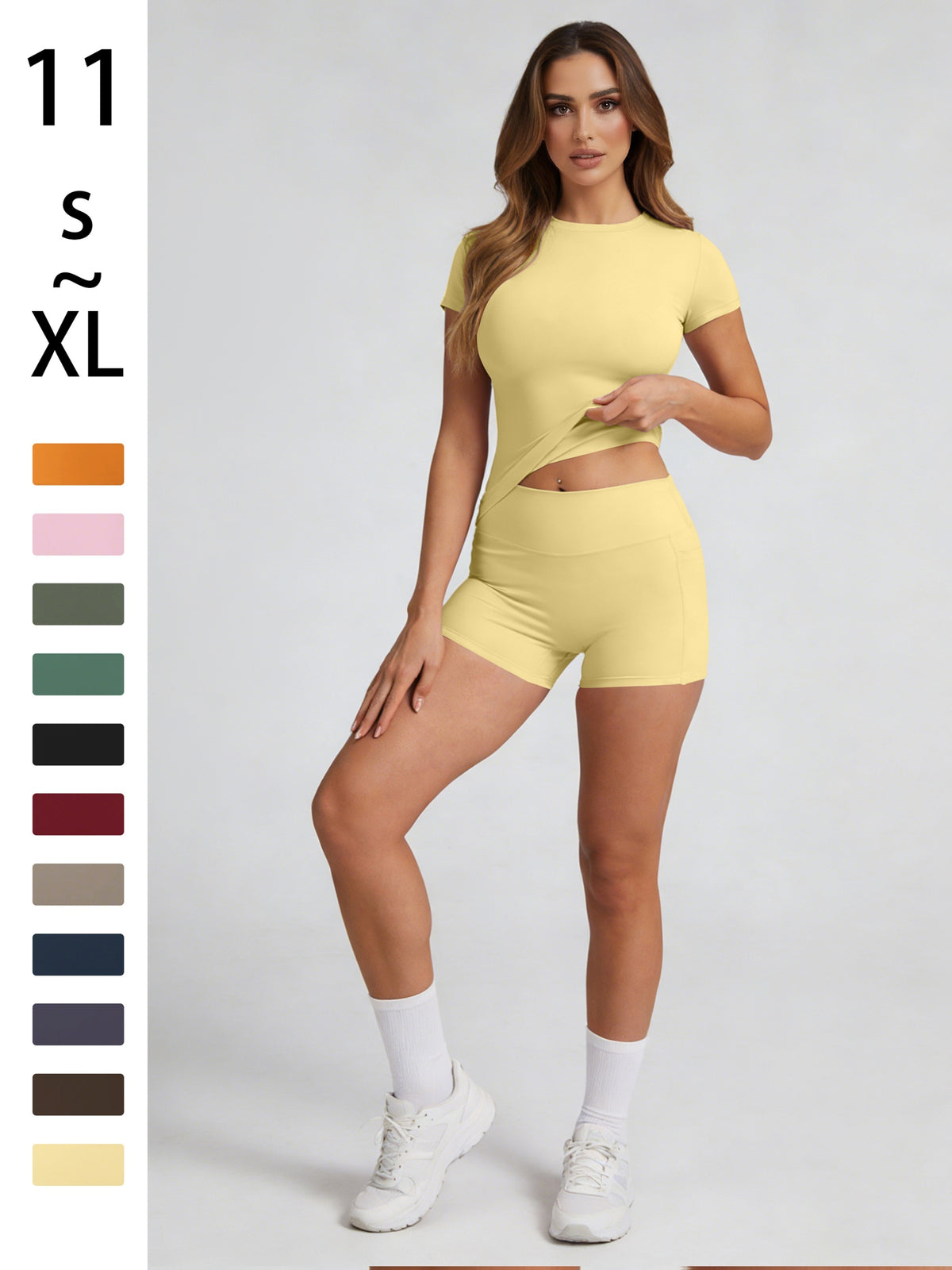 Tummy Control Top & Pocket Shorts Set - Yellow