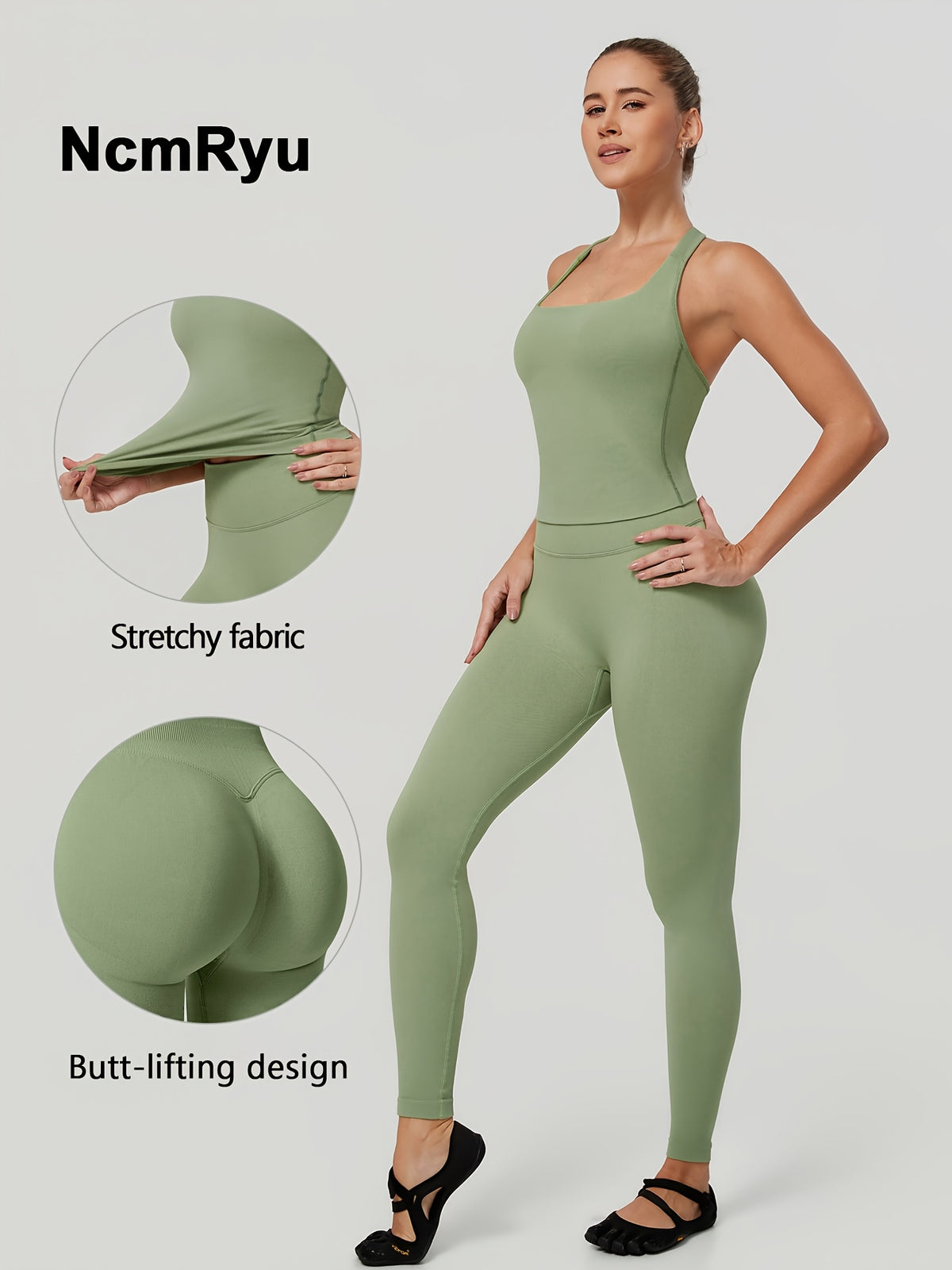Square Neck Halter Tank & Leggings Set - Moss Green