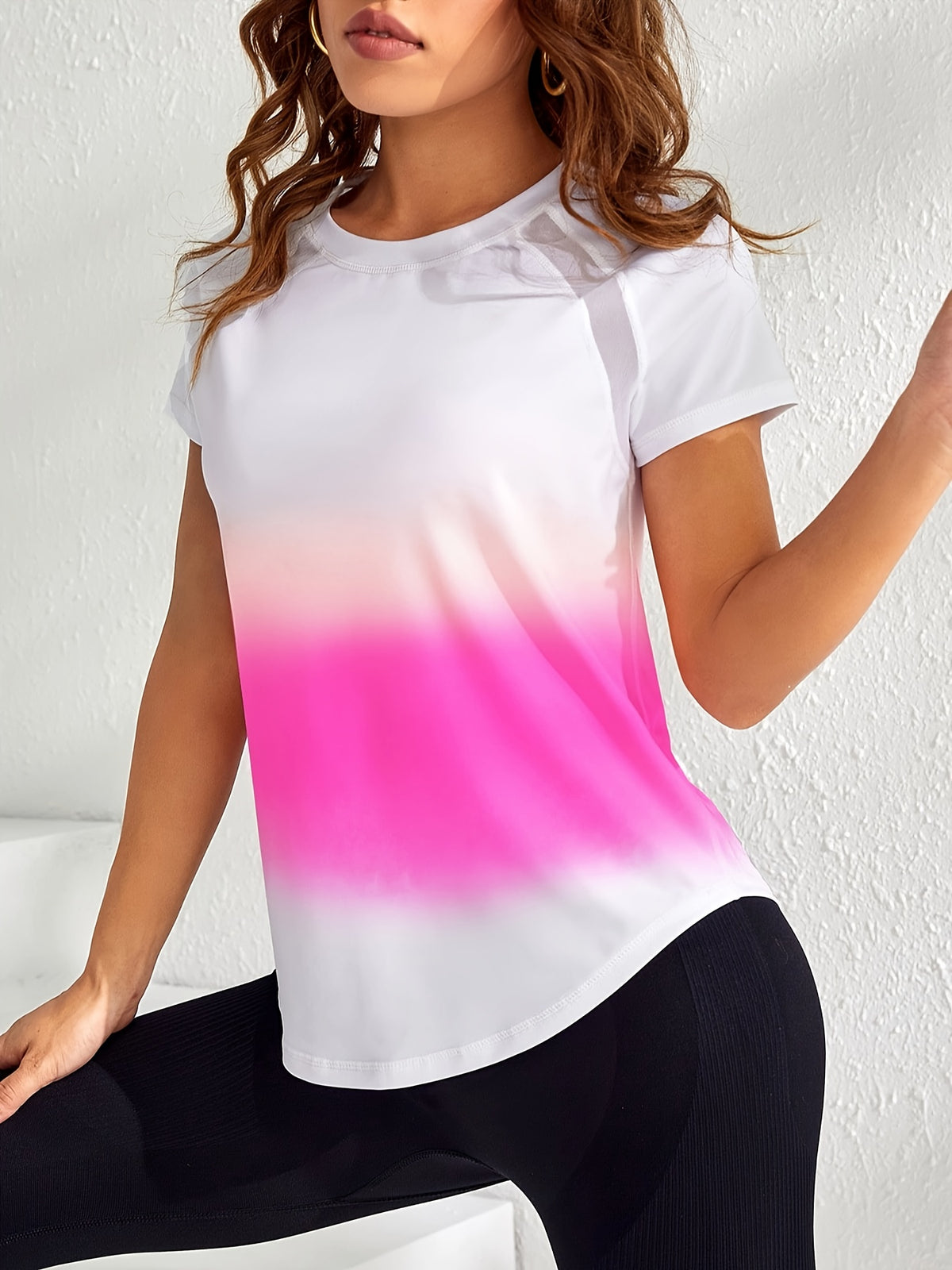 Tie-Dye Mesh Patchwork Sports Tee - Hot Pink Ombre