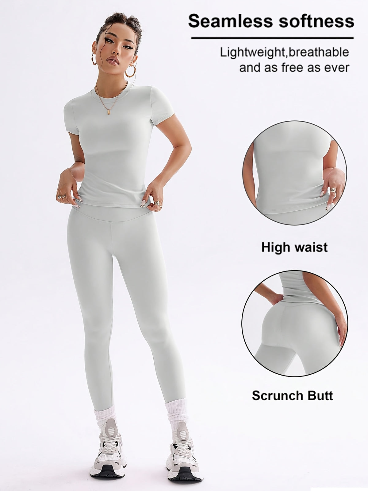 Cropped Tee & Leggings Set - Light Grey