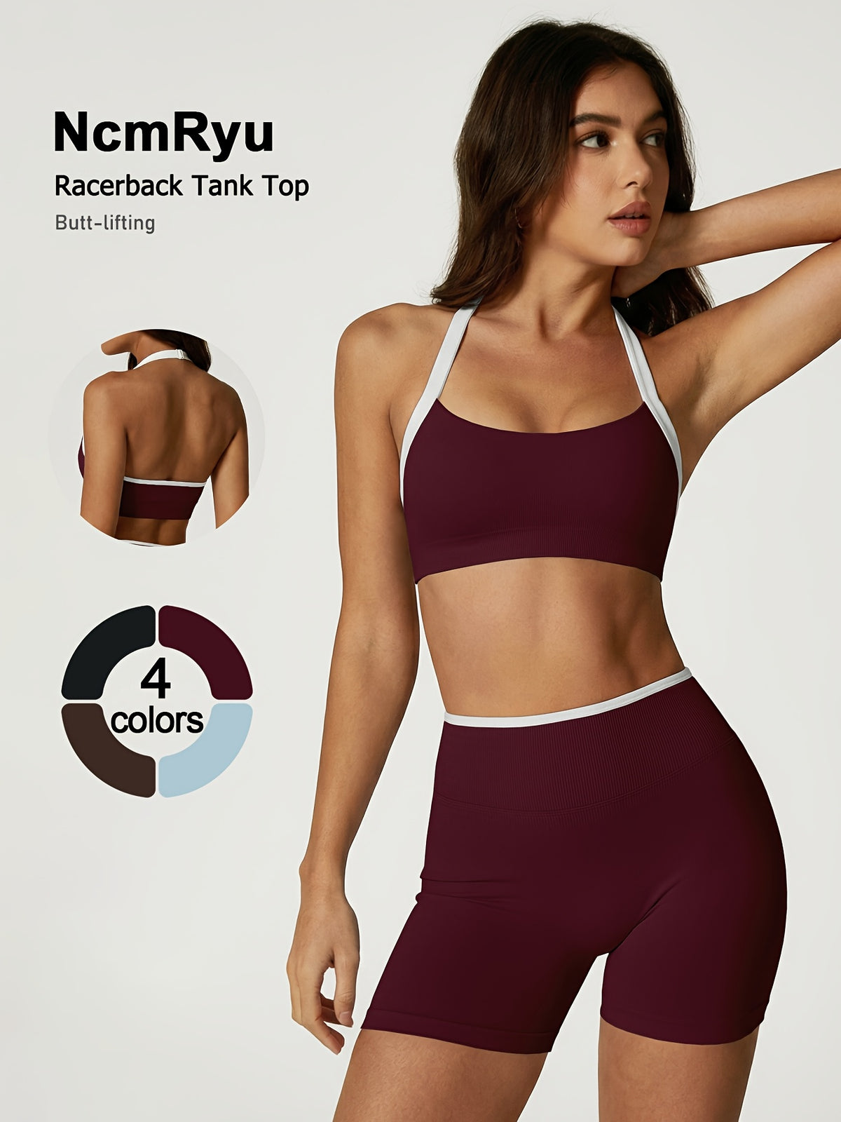 Contrast Trim Halter Bra & Shorts Set - Plum