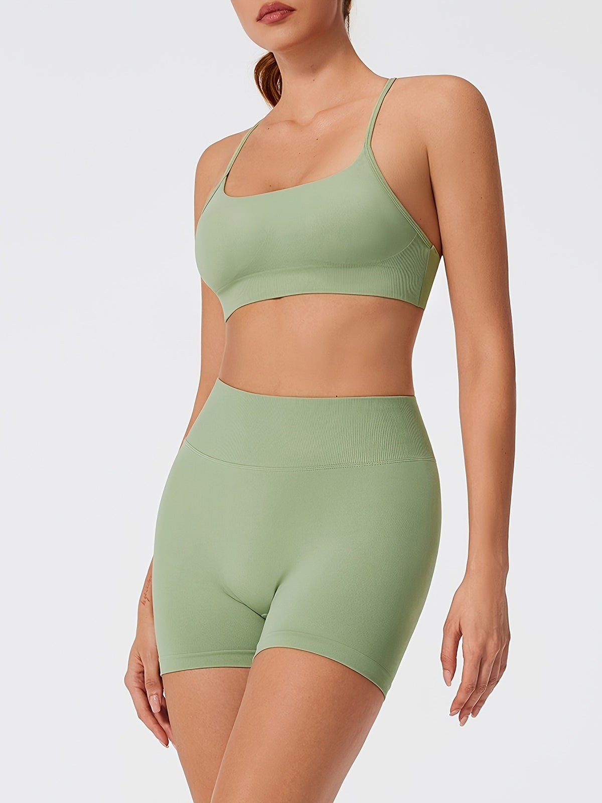 Square Neck Crop Top & Cycling Shorts Set - Yellow Green