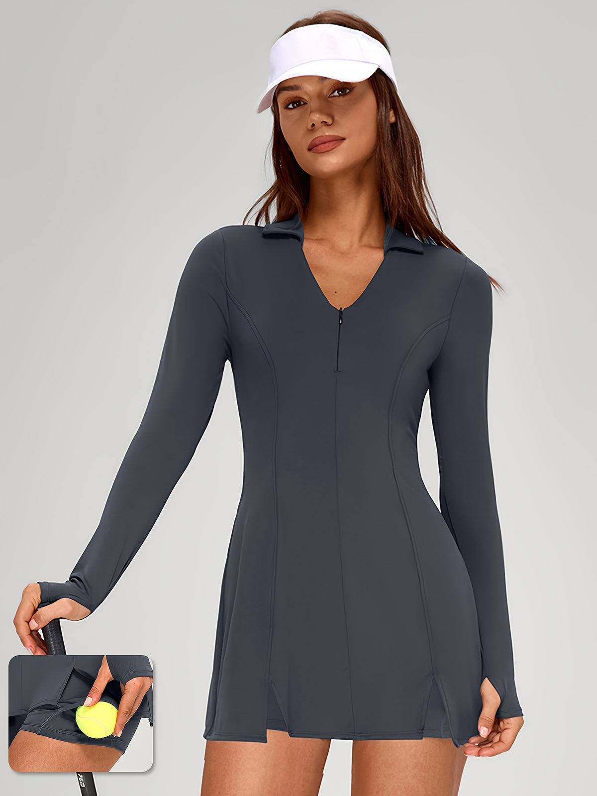 Long Sleeve Tennis Dress - Dark Grey
