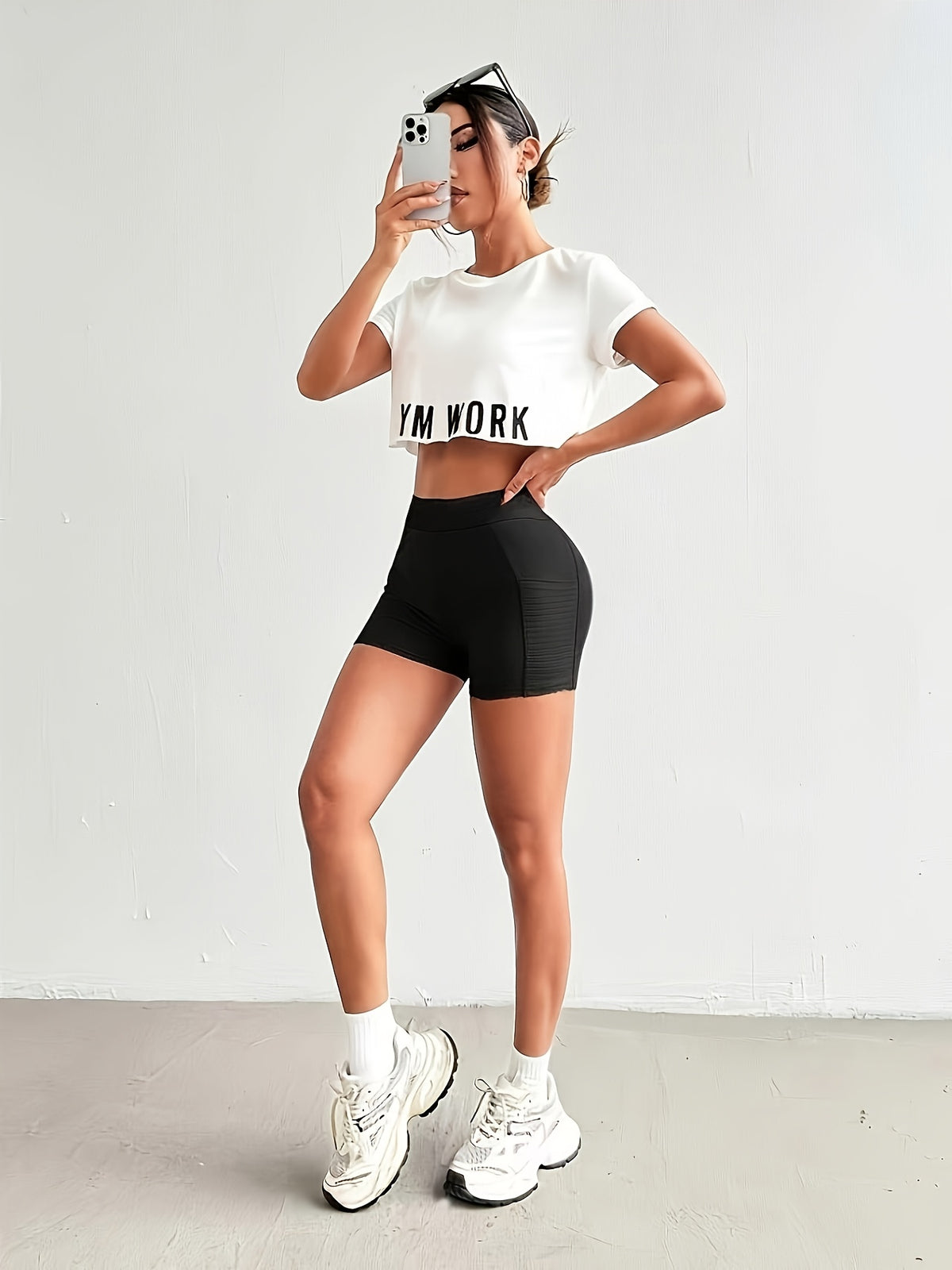 V Neck Bra & Letter Tee 3 Piece Set - Black And White