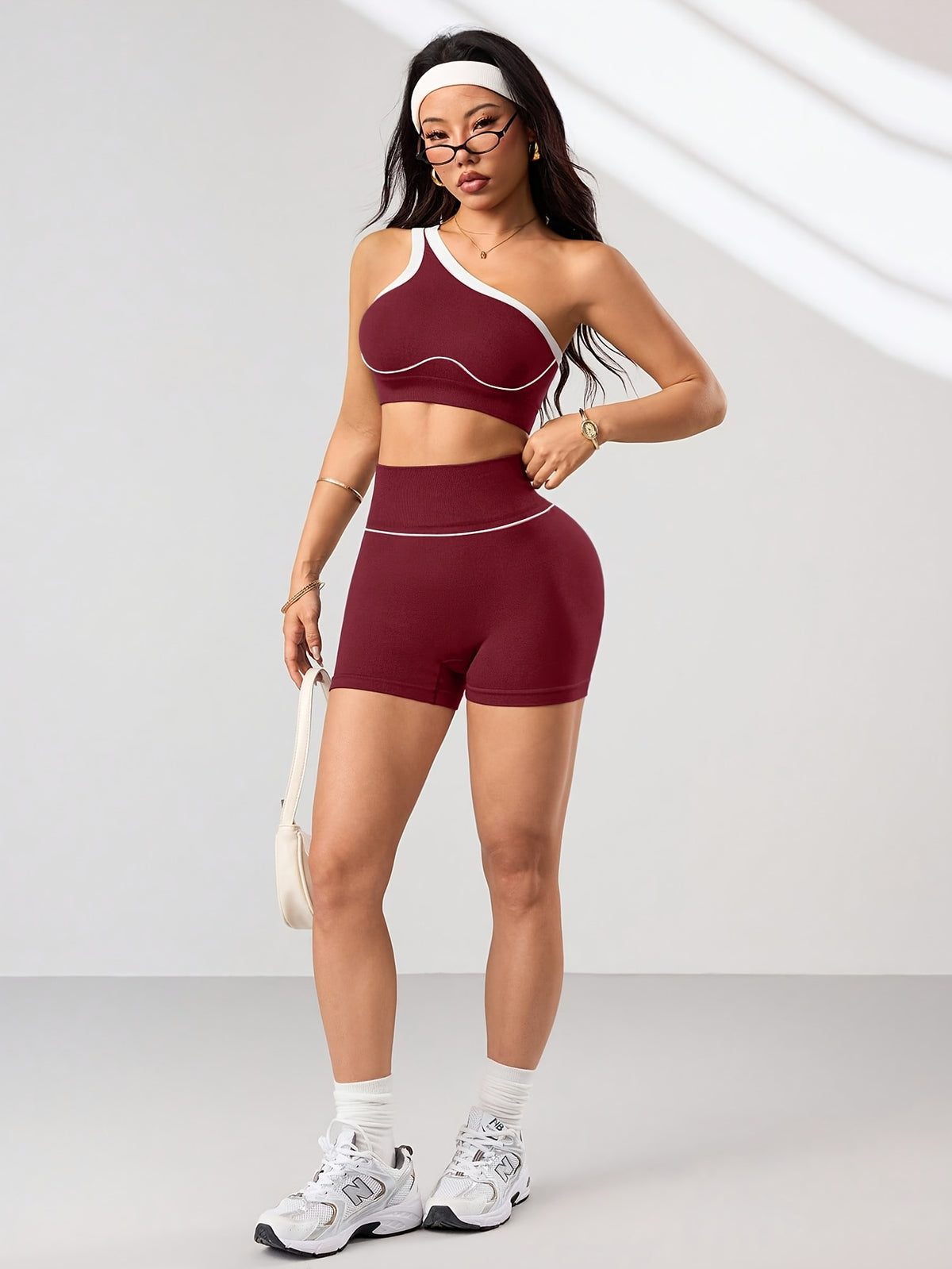 One Shoulder Bra & Shorts Set - Burgundy