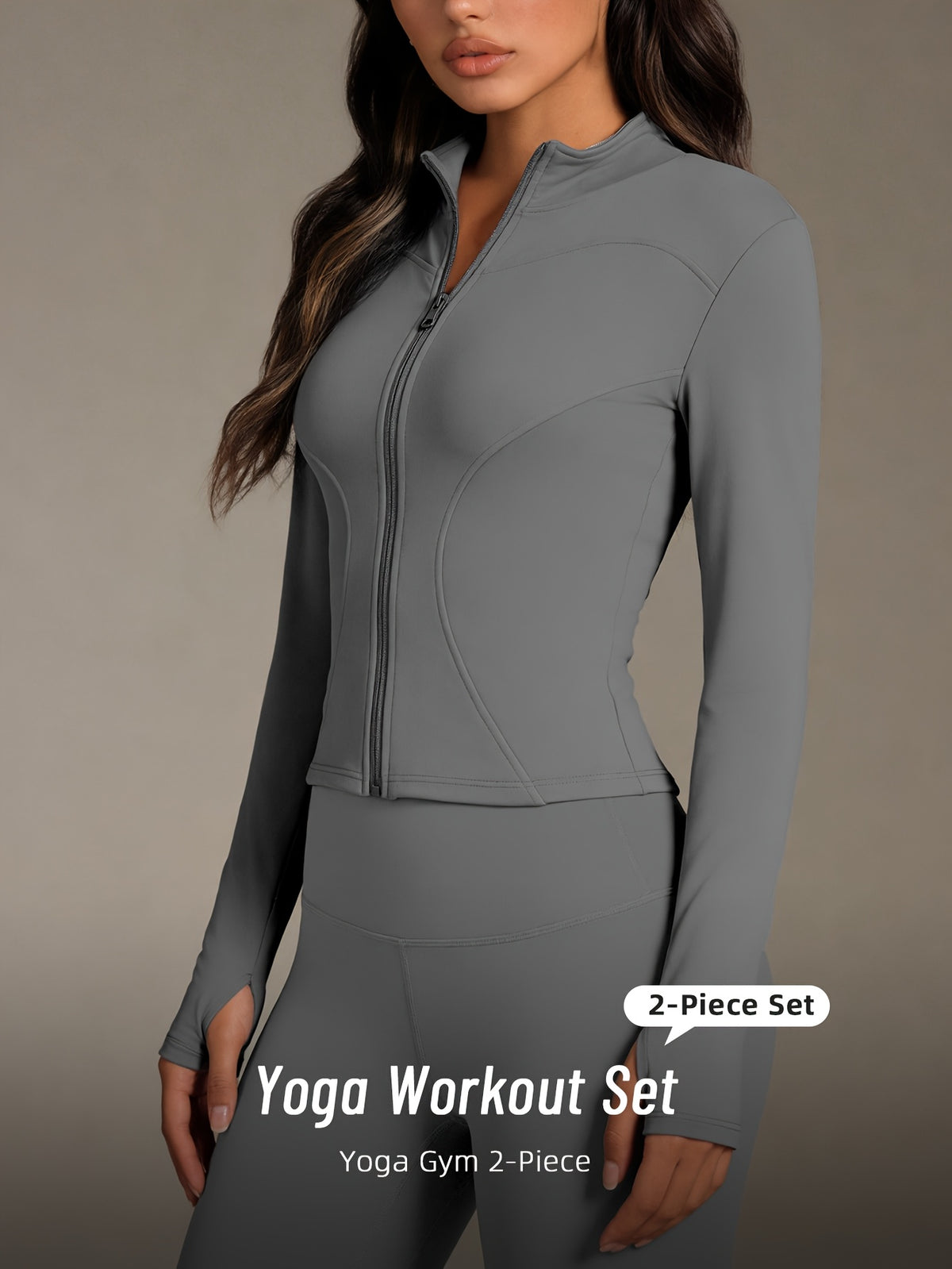 Zip Up Jacket & Slim Yoga Pants Set - Gray