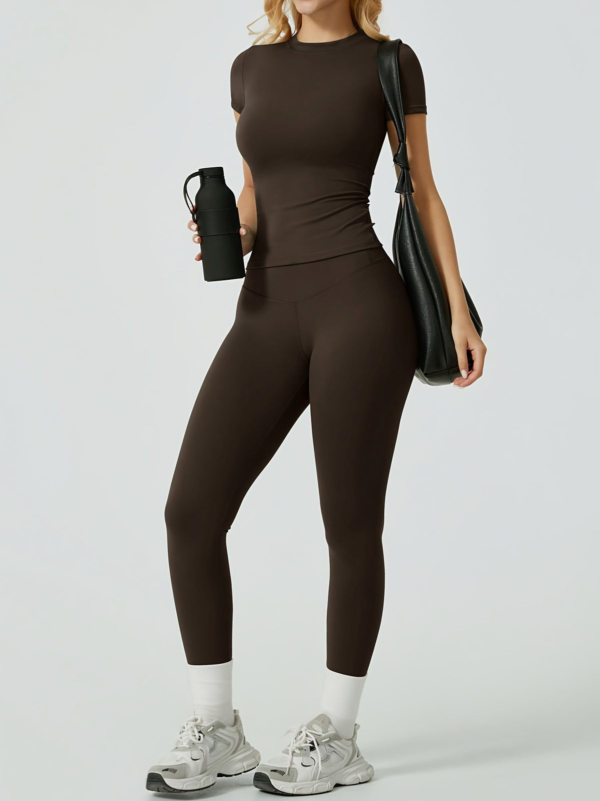 Fitted Tee & Leggings Set - Coffee