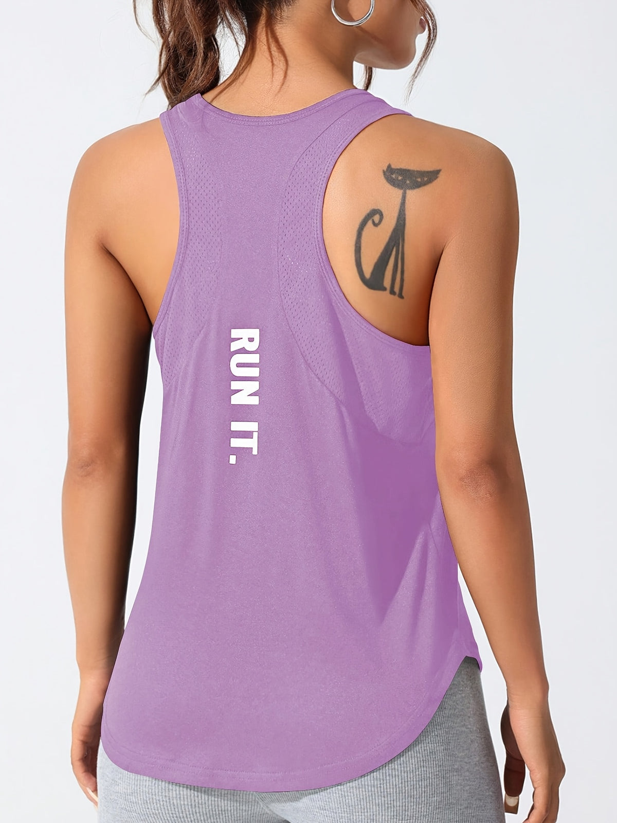 Mesh Panel Letter Print Tee & Vest Set - Black & Lavender