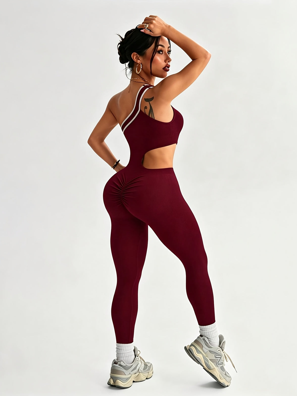 One Shoulder Cutout Jumpsuit - Burgundy