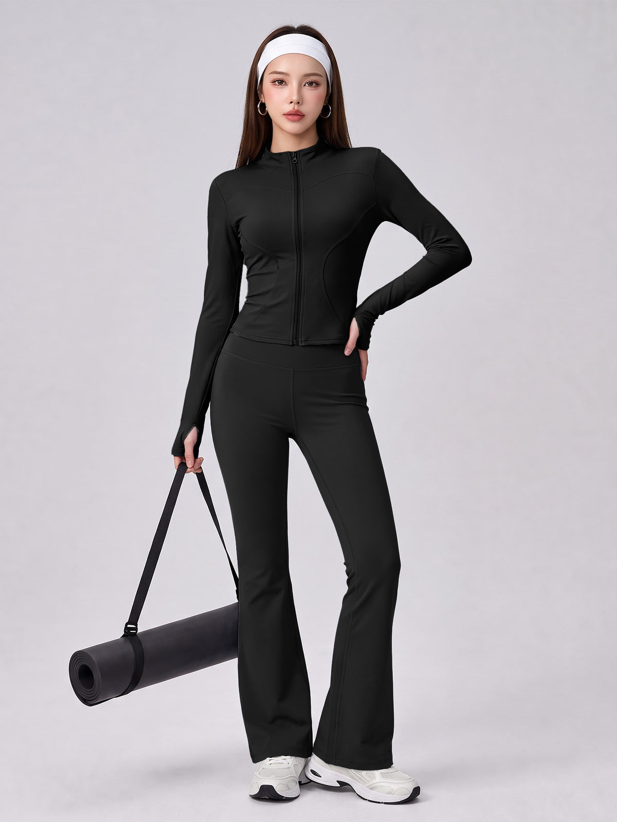 Nude Feel Zip Jacket & Flare Pants Set - Black