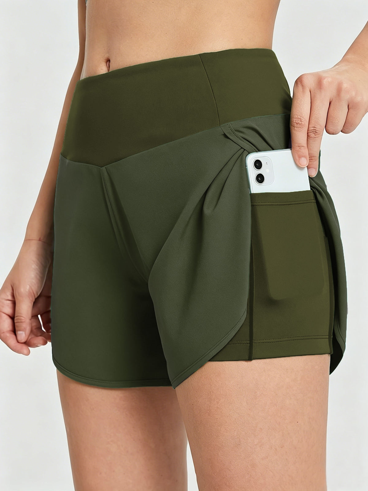 Pocket Anti-Sheer High Waist Running Shorts - Dark Green