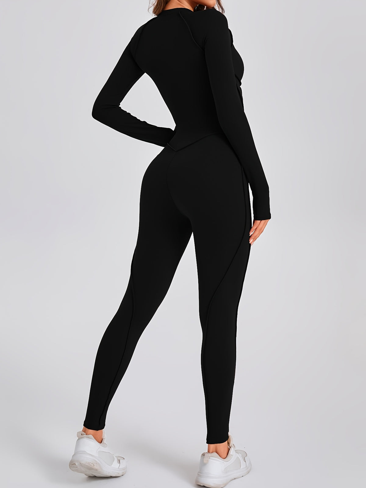 Half Zip Long Sleeve Jumpsuit - Black