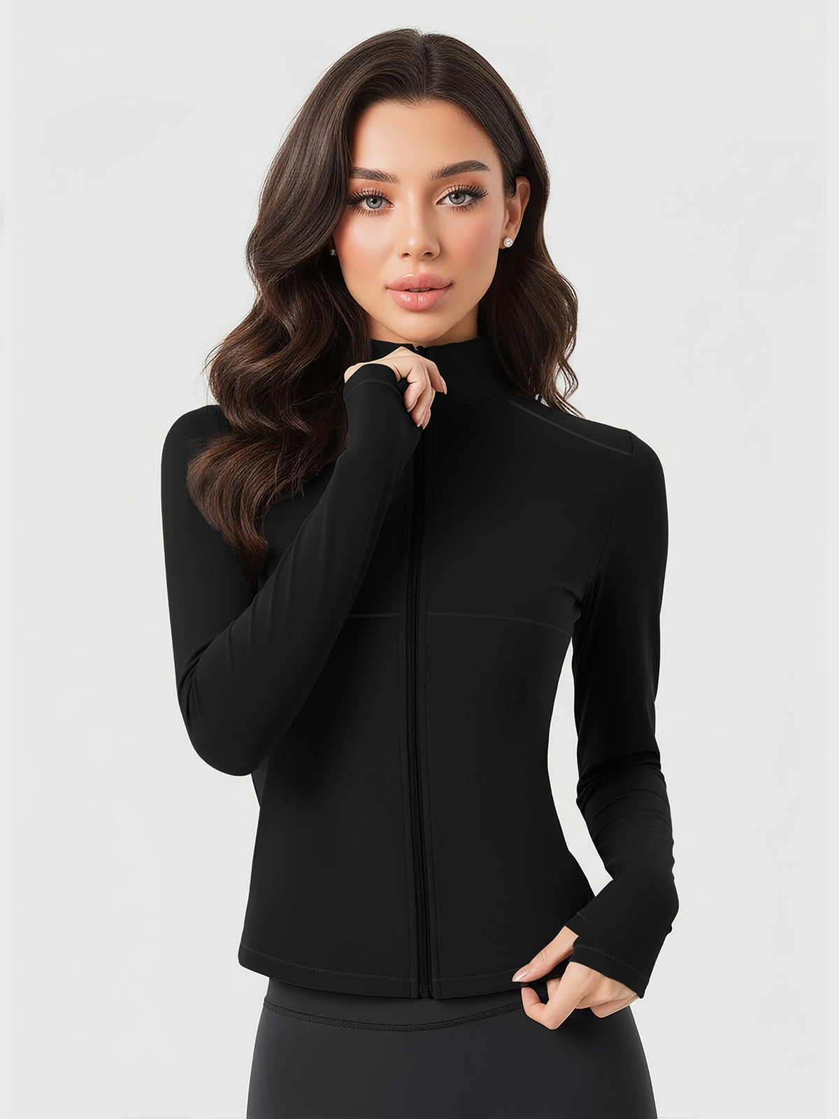 Thumb Hook Full Zip Athletic Jacket - Black