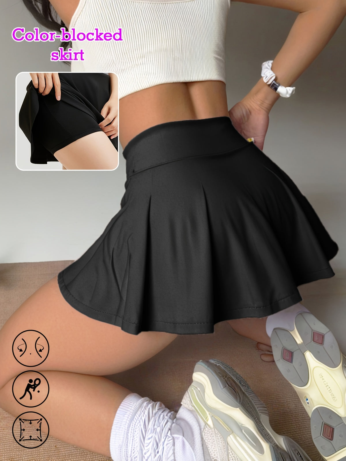 Colour Block Pleated Skort - Black