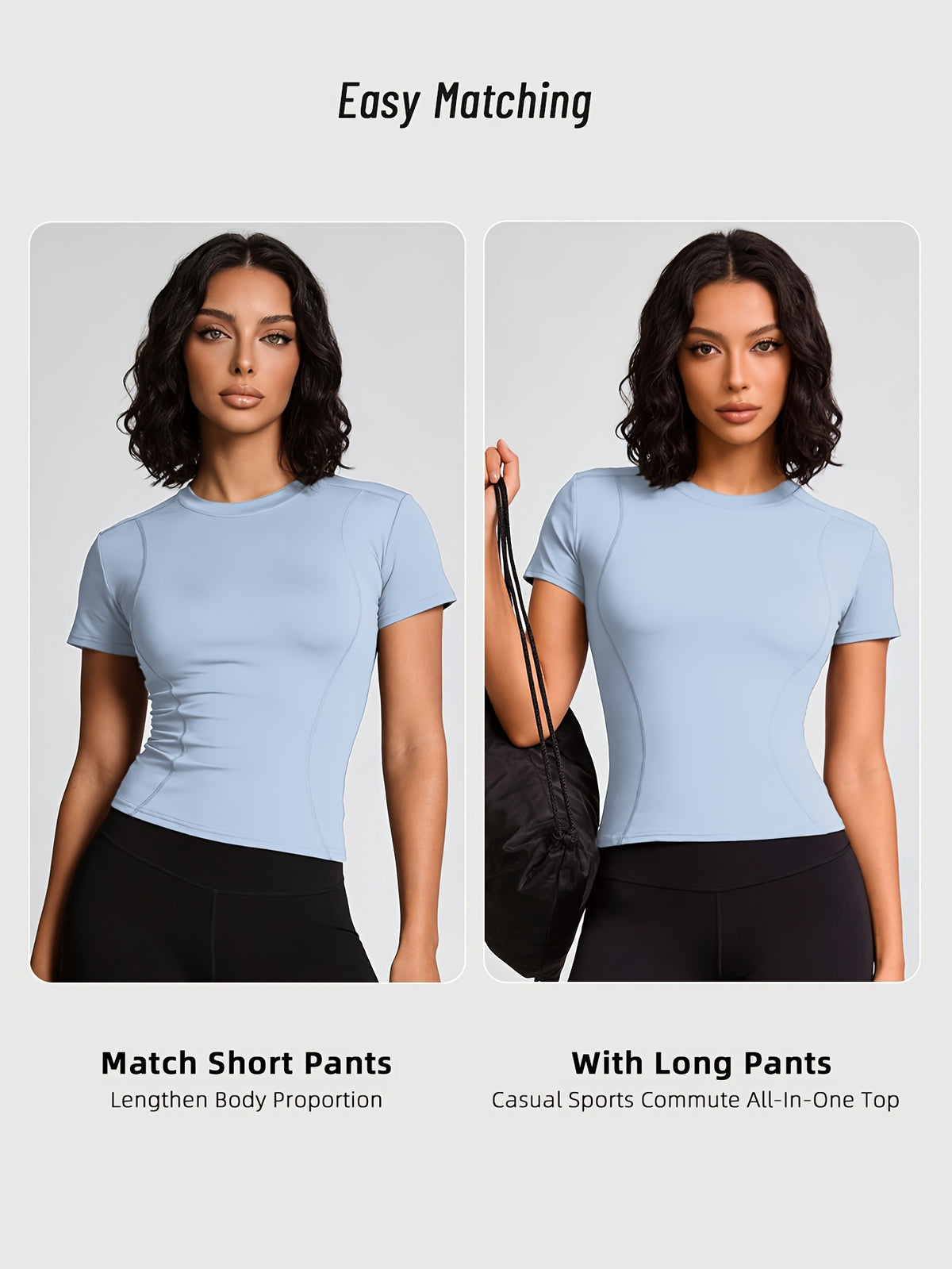 Quick-Dry Round Neck Yoga Tee - Light Steel Blue