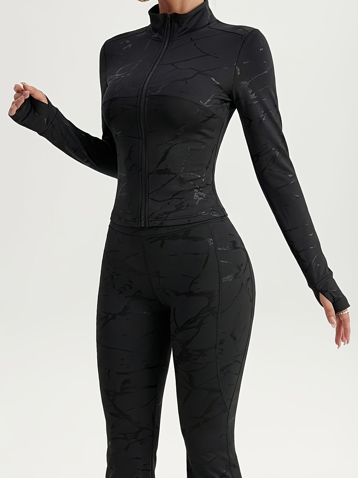 Metal Zip Stand Collar Jacket & Flare Set - Black