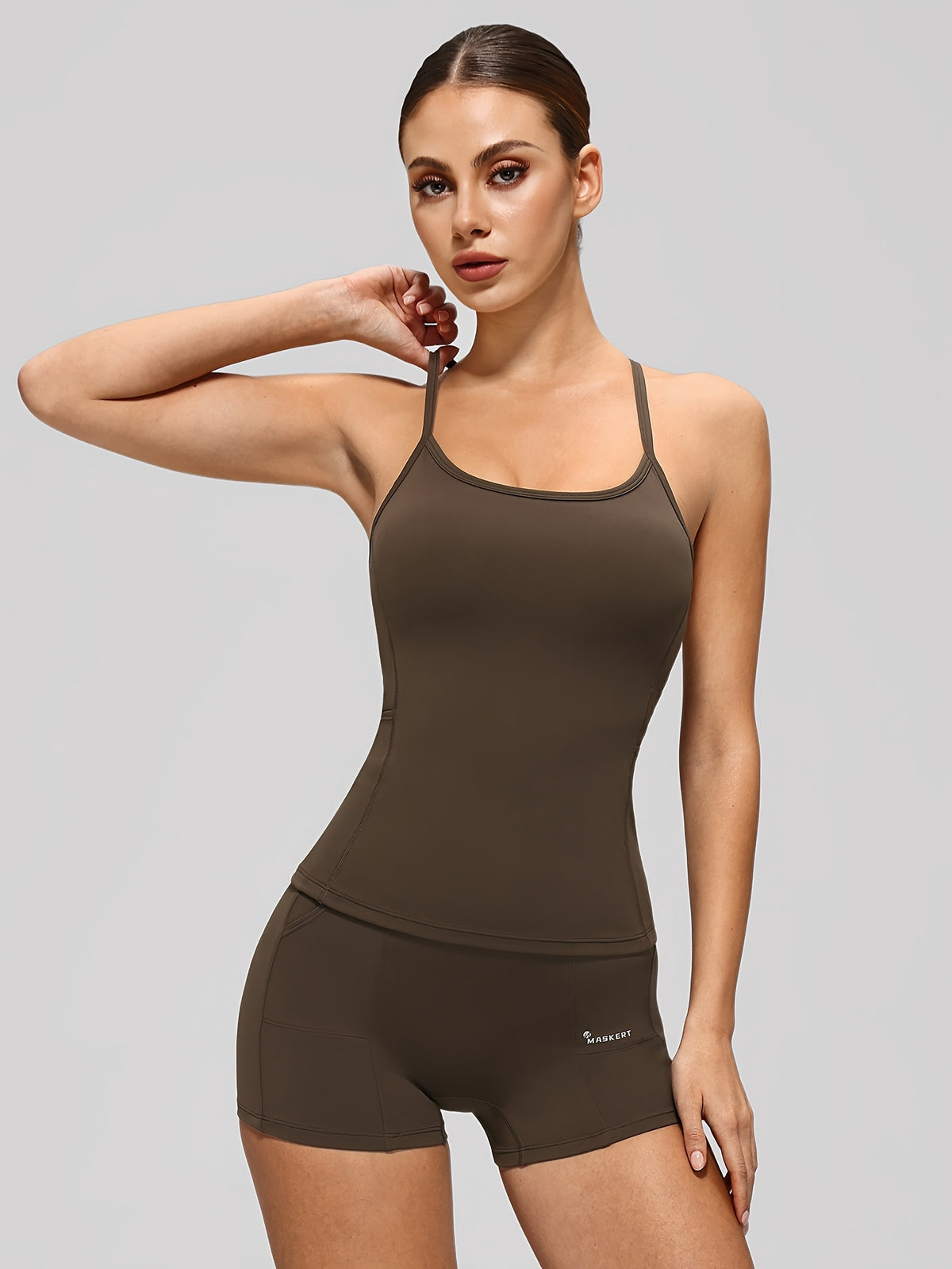 Crossover Tank & Pocket Shorts Set - Coffee Brown