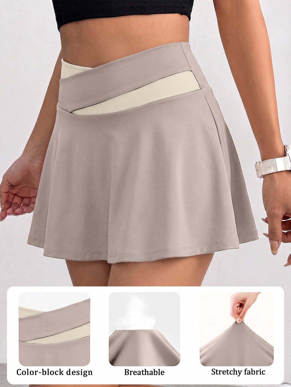 Cross Waist Color Block Tennis Skirt - Khaki