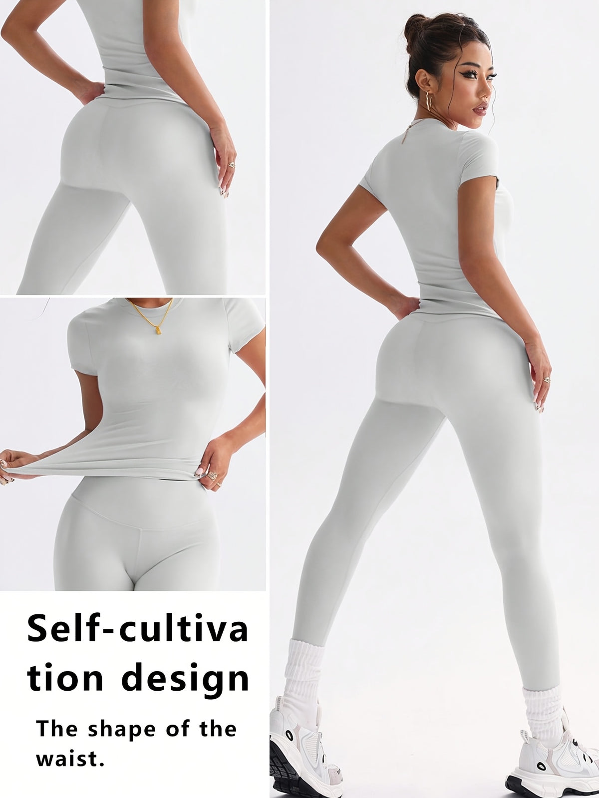 Cropped Tee & Leggings Set - Light Grey