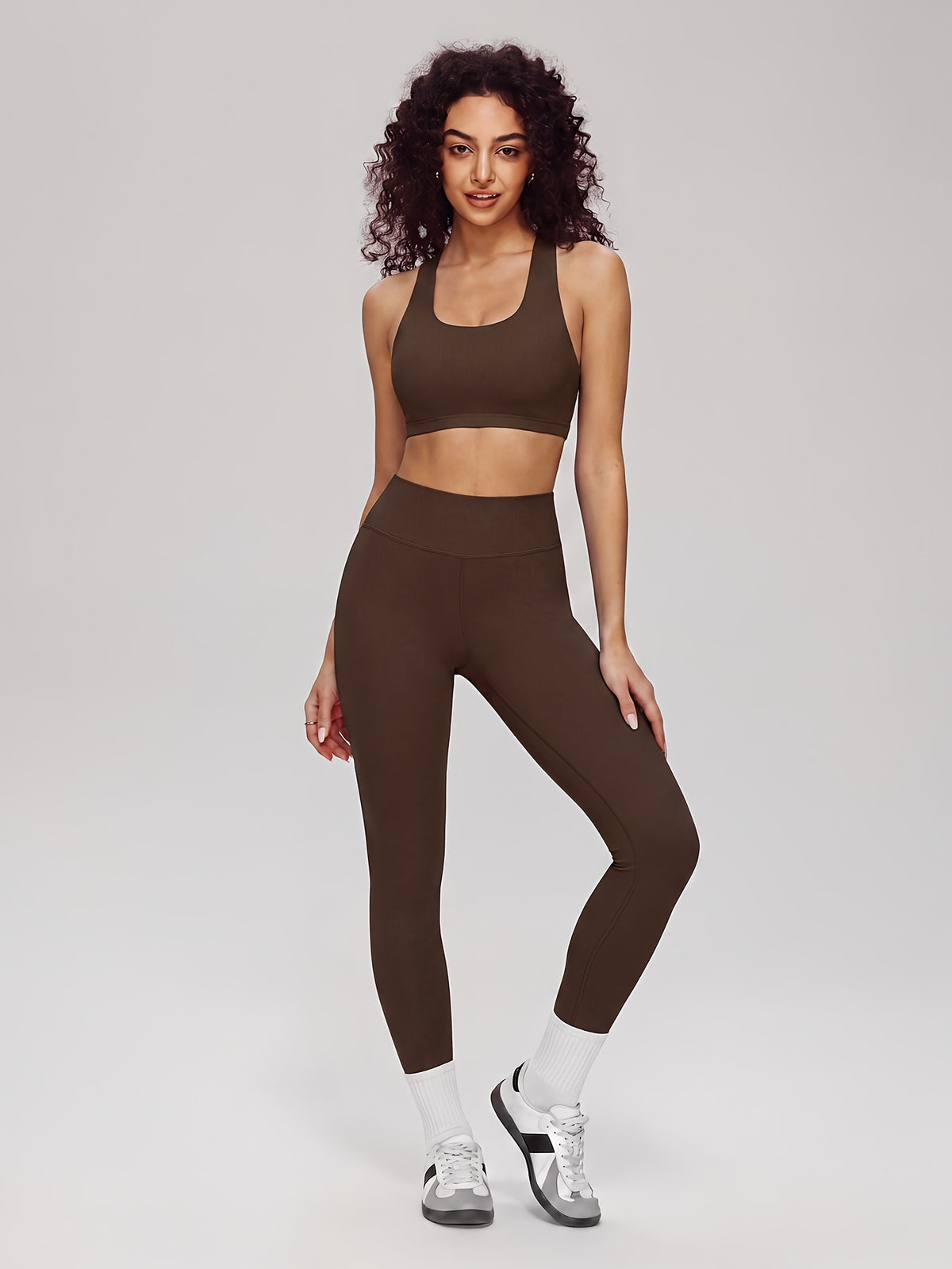 Vest Bra & High Waist Leggings Set - Dark Brown