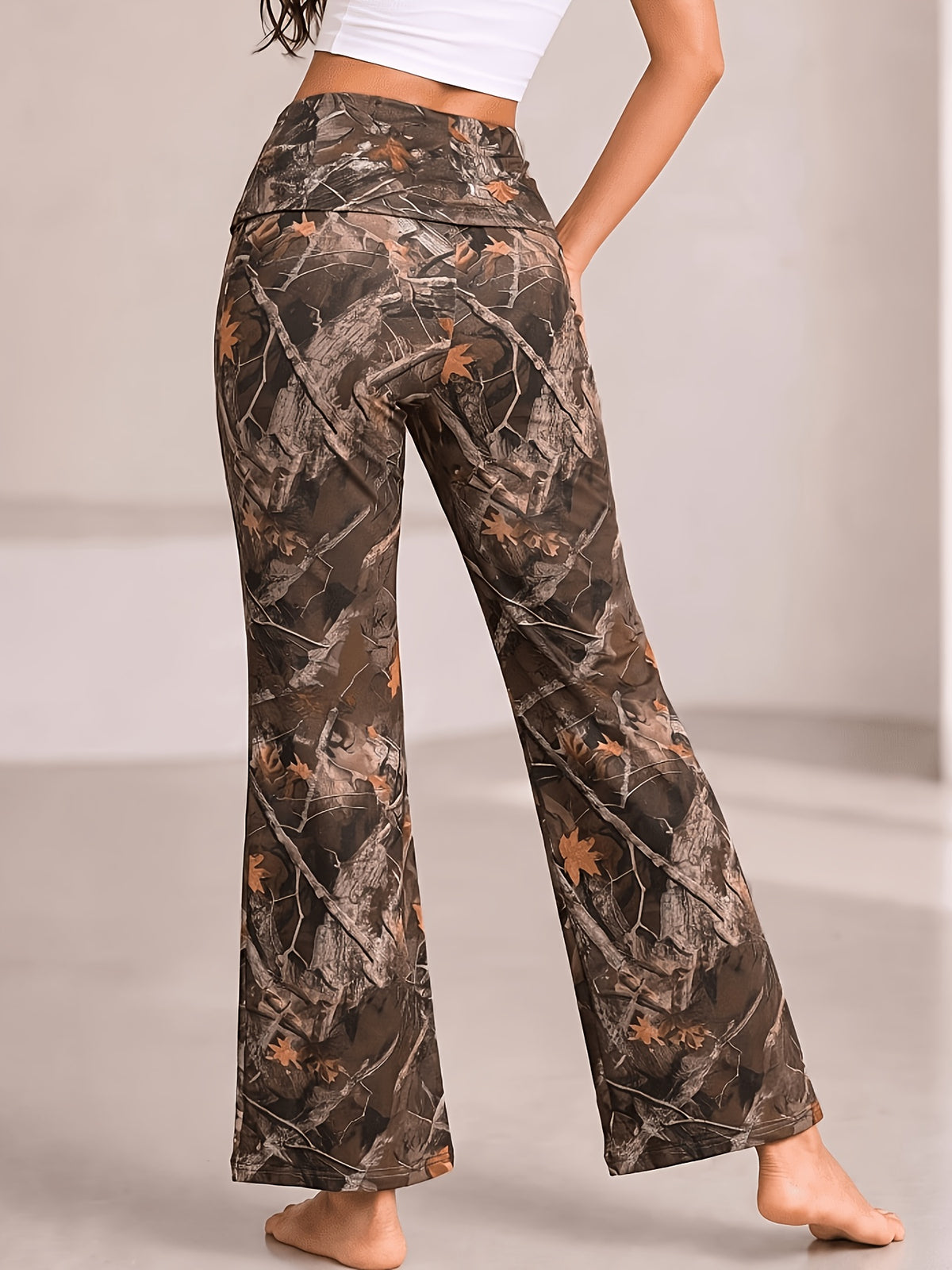 Folded Waistband Skinny Flare Pants - Brown Print