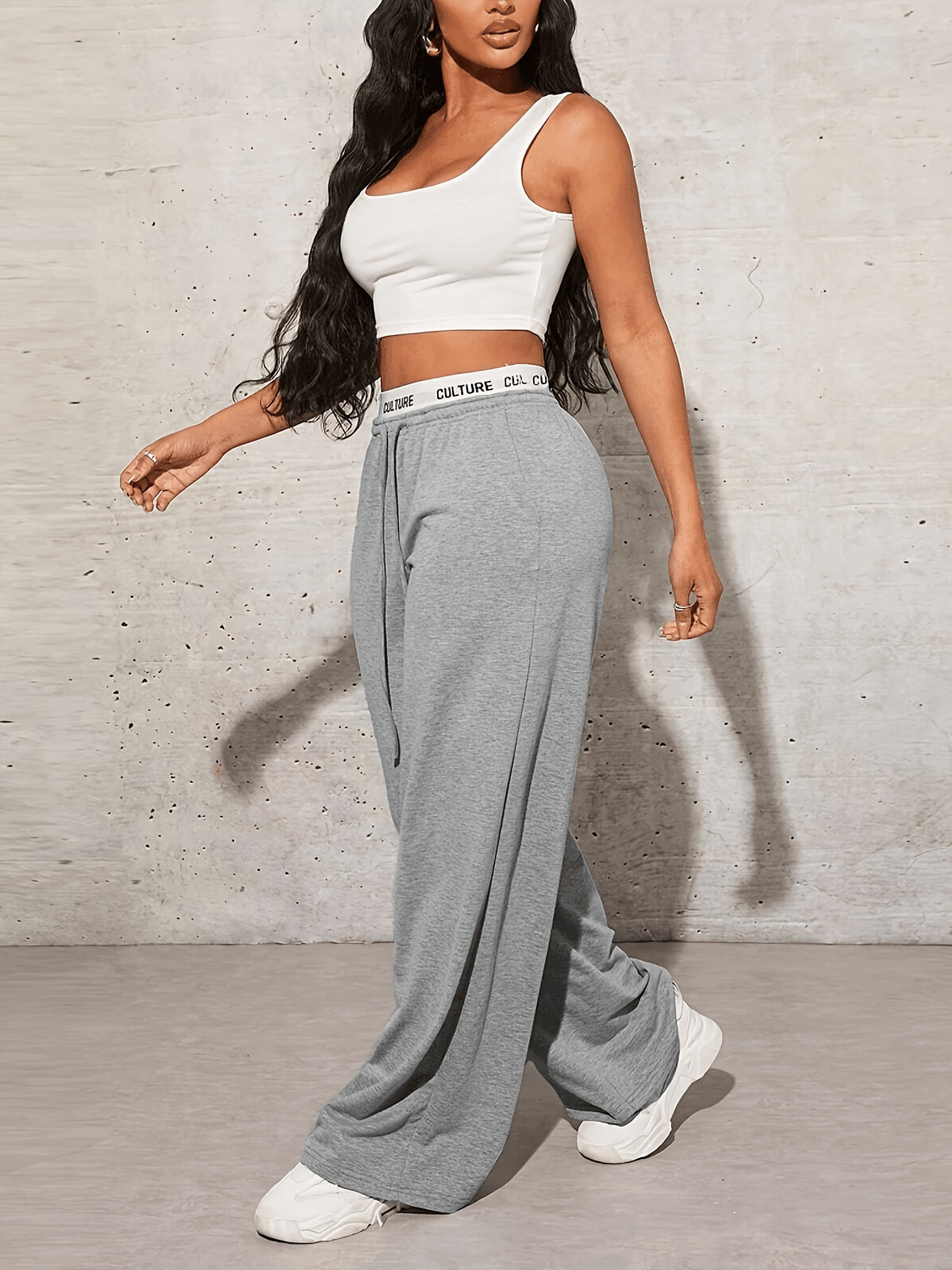 Contrast Lettering Wide Band Sweatpants - Grey